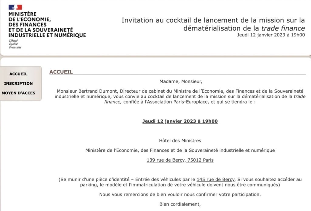 $XDC Members of the DNI Initiative involved in the Paris EUROPLACE #MLETR working group will be gathering in Paris this Thursday January 12th as part of the special evening reception organised by the French Government.

#TradeTech #ITFA #DigitalTrade #XDCnetwork #XDC