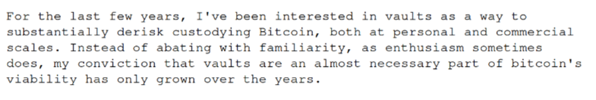 I've just published a paper with a new proposal for how to construct vaults in Bitcoin, OP_VAULT. I think vaults are maybe the single most impactful change we could make to Bitcoin to help derisk custody at any scale. jameso.be/vaults.pdf