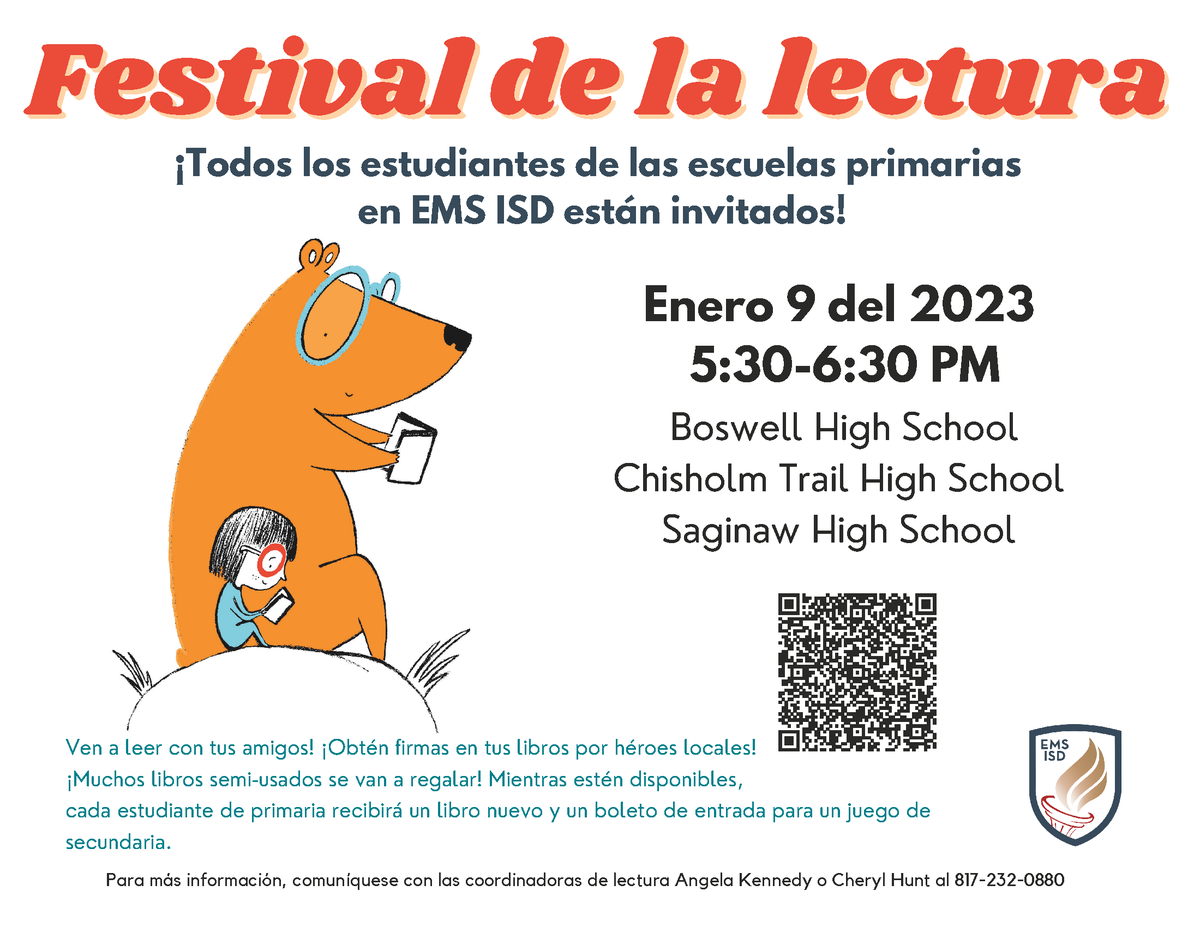 EMSISD's tweet photo. Join us Tonight, for our annual Reading Festival from 5:30-6:30pm at Boswell, Chisholm Trail, or Saginaw High Schools. Students will receive a FREE book and a FREE ticket to a Varsity basketball game while supplies last. We can't wait to see you there! https://t.co/rao8wmHzw9 https://t.co/KQozL2051G