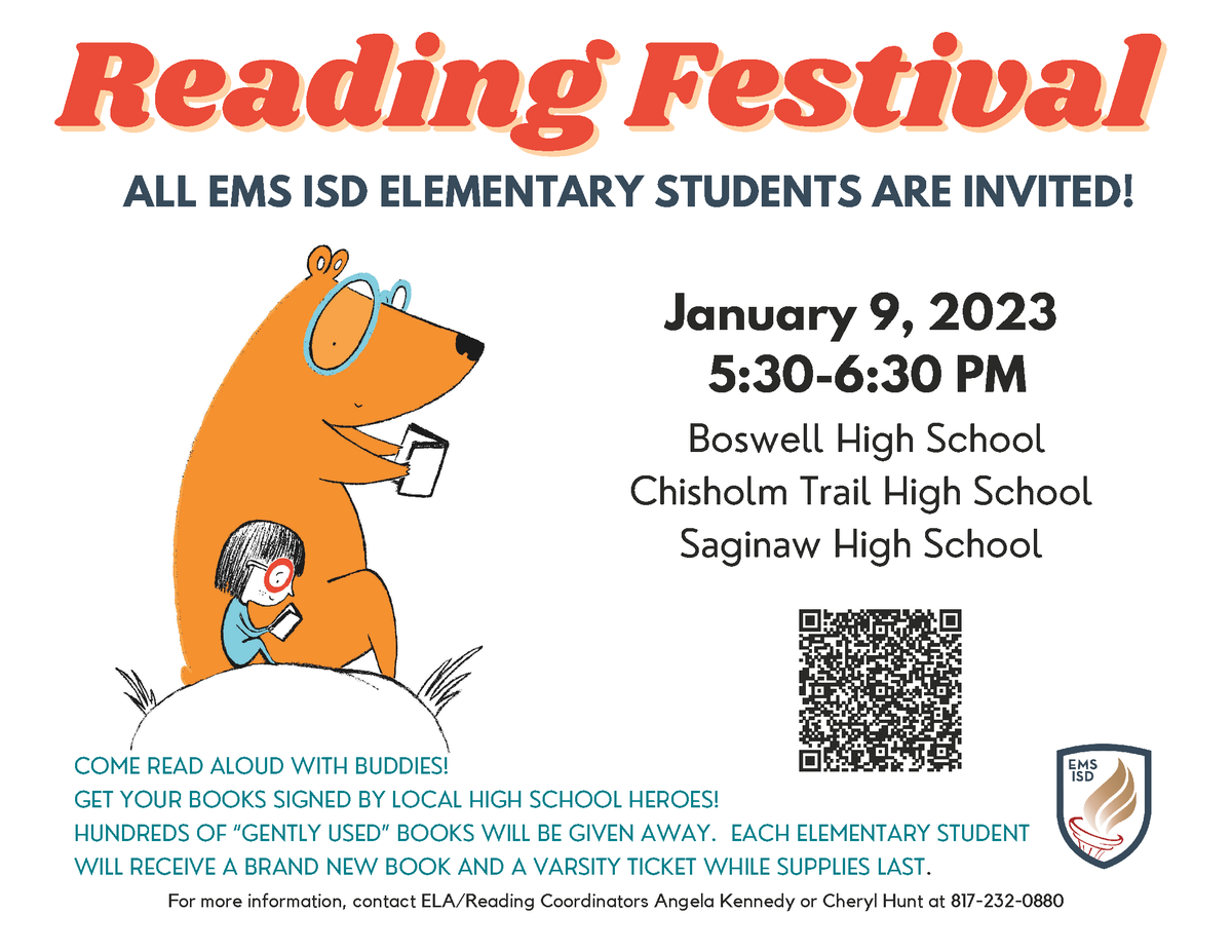 EMSISD's tweet photo. Join us Tonight, for our annual Reading Festival from 5:30-6:30pm at Boswell, Chisholm Trail, or Saginaw High Schools. Students will receive a FREE book and a FREE ticket to a Varsity basketball game while supplies last. We can't wait to see you there! https://t.co/rao8wmHzw9 https://t.co/KQozL2051G