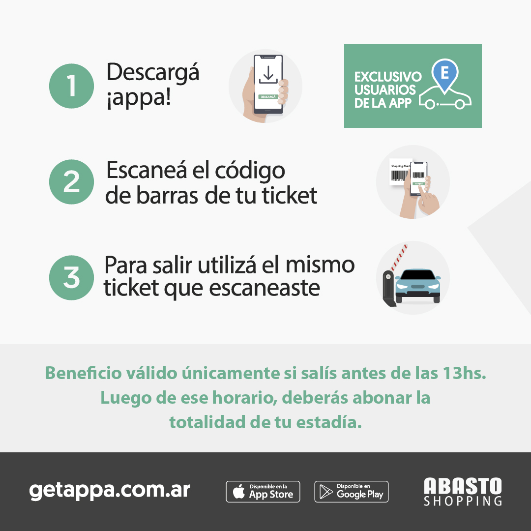 ¿Parking sin cargo? 🚘

Siiii 😱 Descargá ¡appa! y estacioná gratis todos los días de 10 a 13 hs.

¡Te esperamos! 🙌