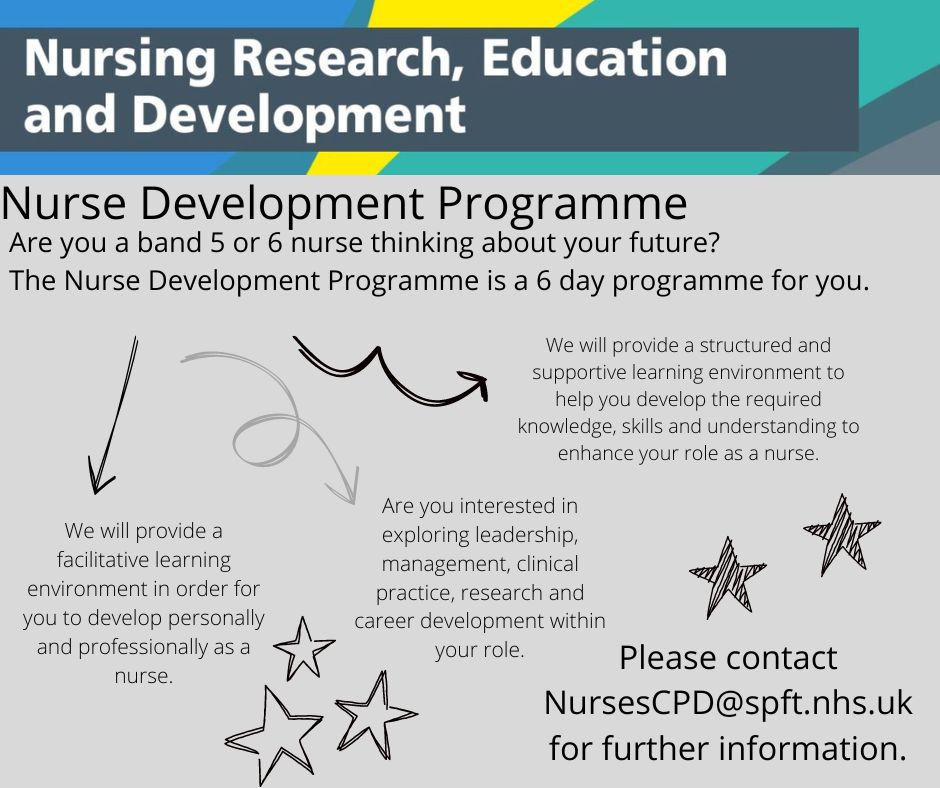 SPFT Nursing Research, Education & Development (@spft_nurseed) on Twitter photo Calling all band 5 and 6 nurses <a href="/withoutstigma/">SPFT - No longer in use</a>. Are you thinking about your role in the future? The Nurse Development Programme could be just the thing for you. Email us on NursesCPD@spft.nhs.uk to find out more Calling all band 5 and 6 nurses <a href="/withoutstigma/">SPFT - No longer in use</a>. Are you thinking about your role in the future? The Nurse Development Programme could be just the thing for you. Email us on NursesCPD@spft.nhs.uk to find out more