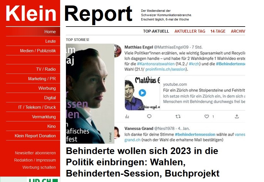 MatthiasEngel09's tweet photo. Wir #Politiker mit #Behinderung sind im Wahljahr 2023 voller Tatendrang: Klein Report-Story über @TatkraftOrg-Wahllokomotive @lomali (seine Ziele sind der #Nationalrat und die #Behindertensession) und über meine Kandidatur für den #Kantonsrat. #Inklusion https://t.co/iCFdNsqTuR https://t.co/LaBc7gz7Vf