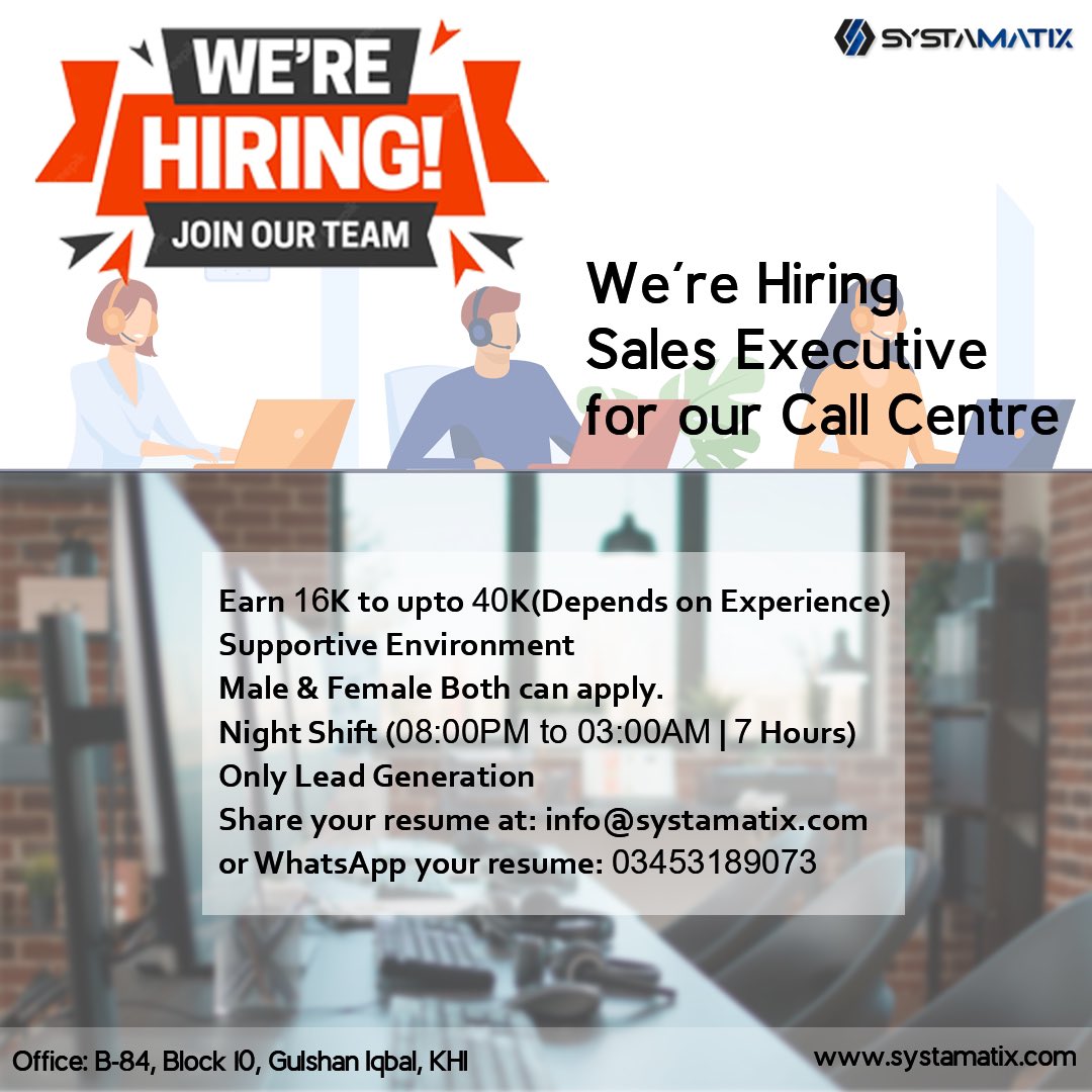 SystamatixInc's tweet photo. Join our team as an Call Center Agent.
Share your resume at: hr@systamatix.com
For Details: +923453189073
Past call center experience will be preferred. 
#hiring #call #center #callcenter #software #software #house #softwarehouse #developer  #opportunity #career #careers #jobs https://t.co/eDkwprqyUa