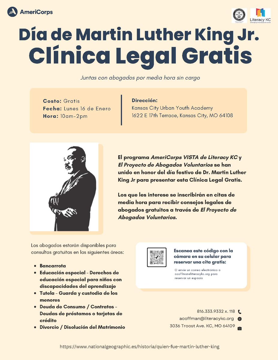 The Literacy KC VISTA Program and Missouri Legal Aid are hosting a FREE legal assistance clinic on Martin Luther King Jr. Day. Click the link below to access the sign-up form. 

m.signupgenius.com/#!/showSignUp/…