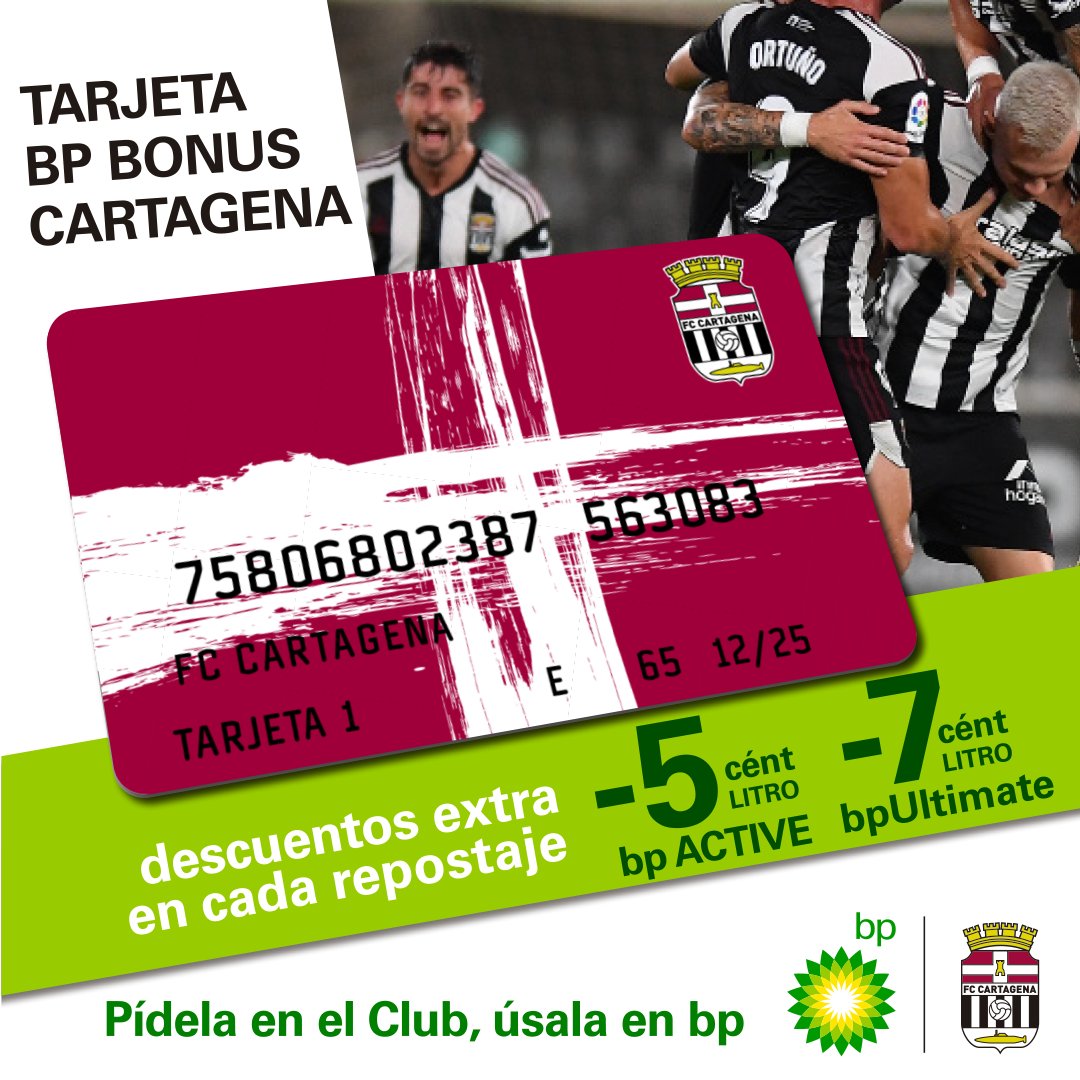 FCCartagena_efs's tweet photo. 💳 Consigue tu tarjeta BP Bonus y aprovecha todos sus beneficios. 

¡Puedes solicitarla en la oficina del club en su horario habitual!

🤝 @GasCartago @bp_plc https://t.co/e5Hl9g8D2i