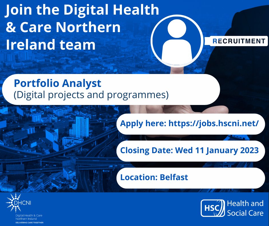 HSC_NI's tweet image. Are you an experienced programme manager looking for an exciting new job opportunity?  
Apply to join the Digital Health &amp;amp; Care NI team.  
Closing is 6pm on Wednesday 11th January 2023.
For more details and to apply: jobs.hscni.net/.../sppgportfo…...
#digitalpost #digitaljobs