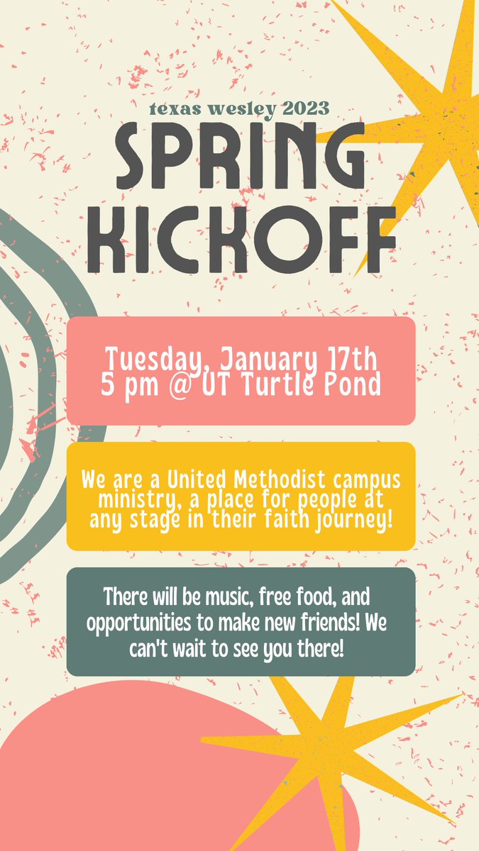 TexasWesley's tweet photo. Join us at the Texas Wesley Spring Kickoff on January 17th! Swing by the Turtle Pond for free food, live music, and games! 

Learn about the Wesley and meet new people! Can’t wait to see you there!

#utaustin #texaswesley #wesleyfoundation https://t.co/psV7qSyFMZ