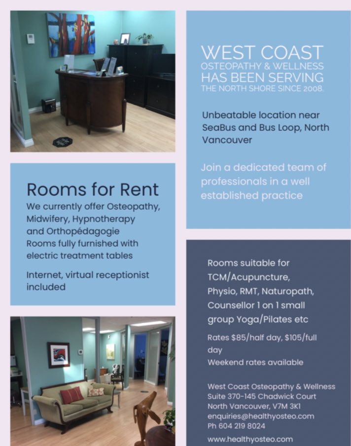 westcoastosteo's tweet photo. We have a room to rent in our clinic located near Lonsdale Quay &amp; SeaBus.

Interested? Email us at enquiries@healthyosteo.com

#shipyardsdistrict #lowerlonsdale #northvancouver https://t.co/kUE6sw3I7h