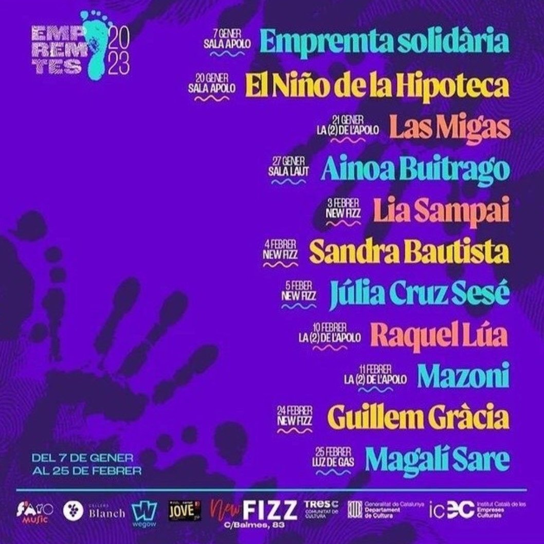 avuisona's tweet photo. #AvuiSona el festival #Empremtes de #Barcelona, que ahir va arrancar de nou amb l'acte benèfic #EmpremtaSolidària i seguirà programant concerts fins el 25/2!
Hi passaran artistes com @nendelahipoteca, @LAS_MIGAS, @LiaSampai, @_bautistasandra, @mazonisongs o @MagaliSare 👇 https://t.co/qu5EX5Qn89