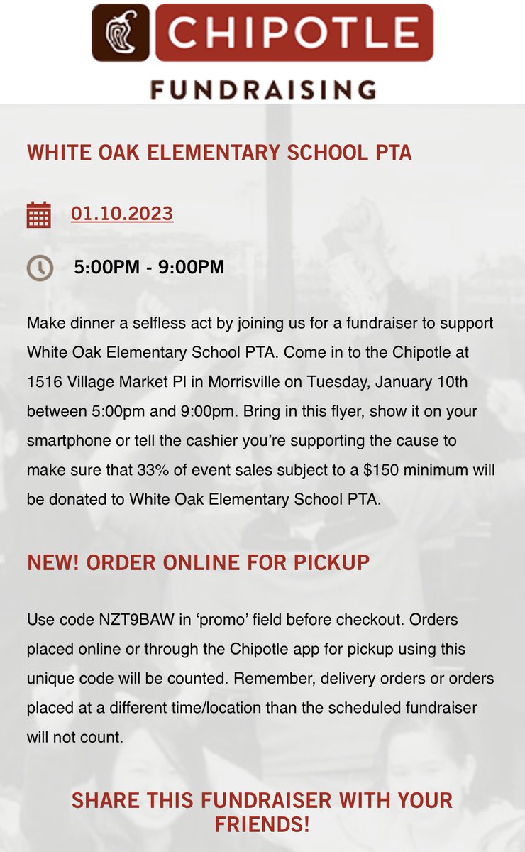 Don't forget to put Chipotle down as your Tuesday dinner in your meal plan for this week White Oak Elementary!!