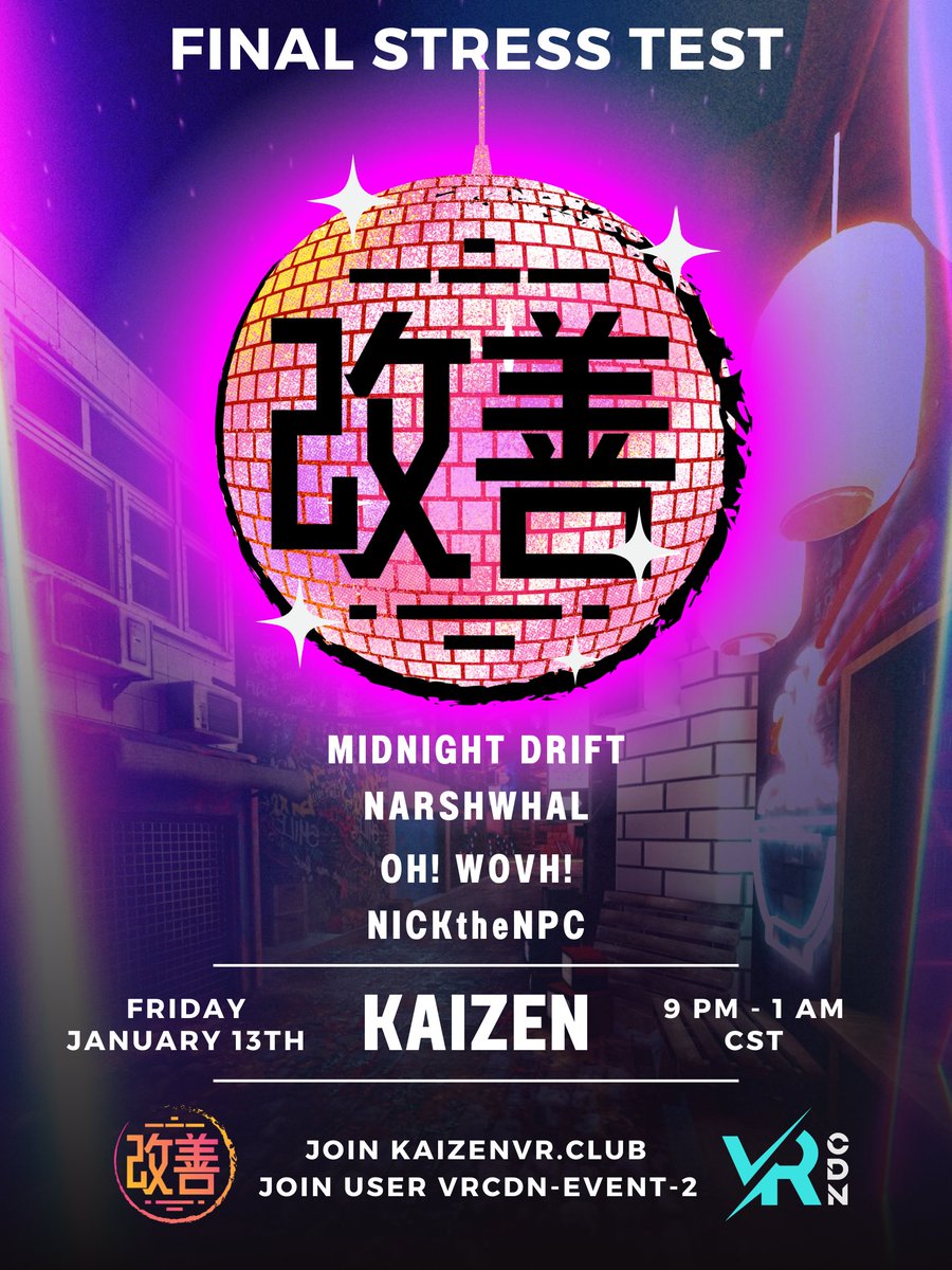 KaizenVRClub's tweet photo. KAIZEN's Future Funk final Test event is THIS FRIDAY!
Join KAIZEN: https://t.co/GLl20LL4Jb
Featured DJs:
- Midnight Drift
- @narshwhal
- @OH_WOVH
- @xNickTheNPCx
#VRChat #VRChatParty #VRDJs https://t.co/jV9L0TYwQZ