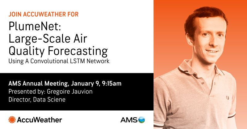 Start 2023 with AI for clean air! Tune in to this #AMS2023 talk by Grégoire Jauvion, our Director of Data Science, on using convolutional LSTM networks to forecast air quality: ams.confex.com/ams/103ANNUAL/… Paper: arxiv.org/abs/2006.09204