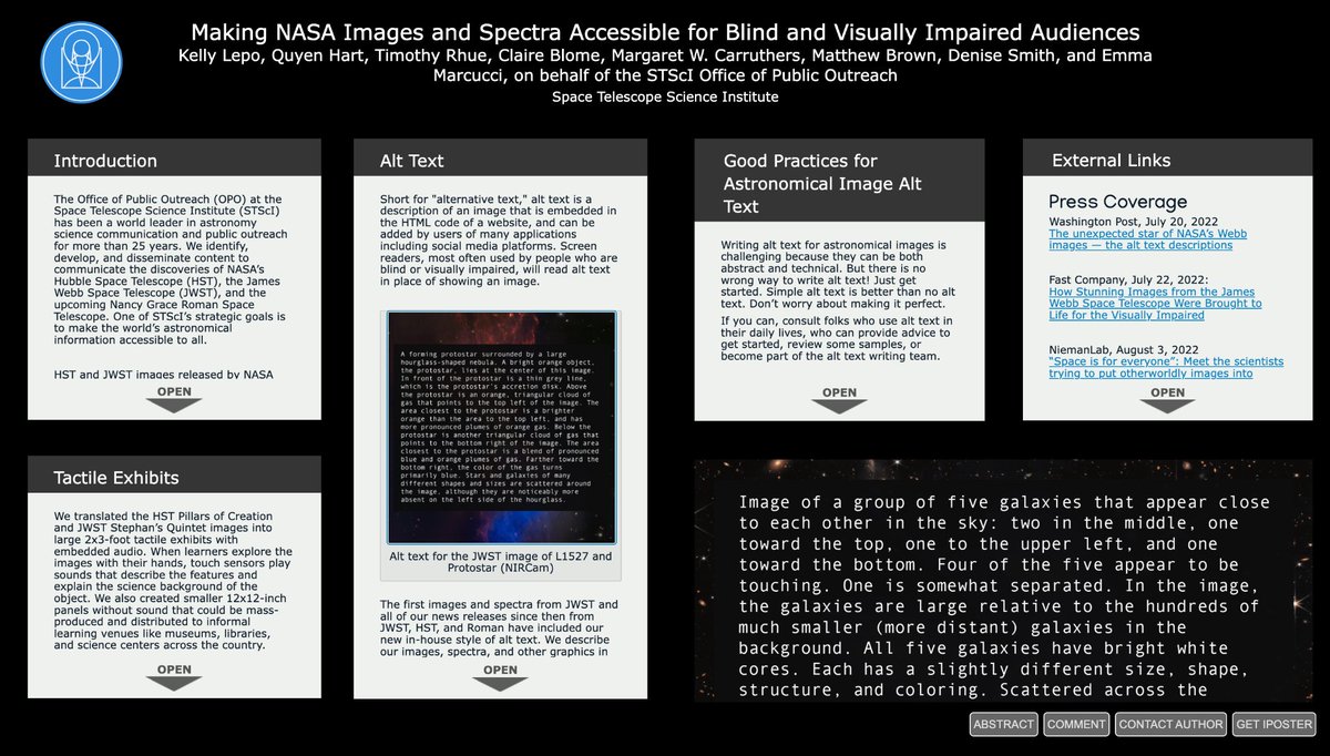 If you are at #AAS241, come say hi at the evening poster session 5:30 - 6:30 PM PT. I'll be presenting my iPoster 161.06:
Making NASA Images and Spectra Accessible for Blind and Visually Impaired Audiences

Let's chat about making astronomical images… astrodon.social/@kellylepo/109…