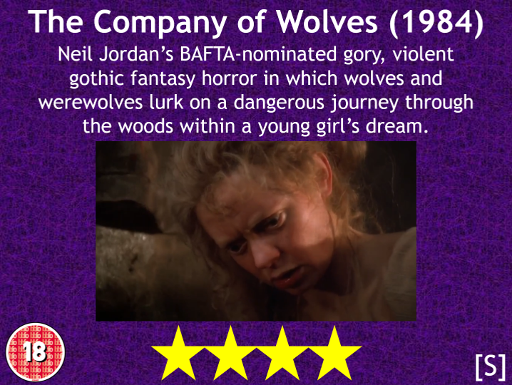 #NeilJordan's BAFTA-nominated, gory, violent fantasy gothic horror #TheCompanyOfWolves (1984) gets its first showing on @TalkingPicsTV on Friday 20 January at 9pm, part of the #CellarClub with #CarolineMunro. Starring #SarahPatterson, #AngelaLansbury and #DavidWarner.