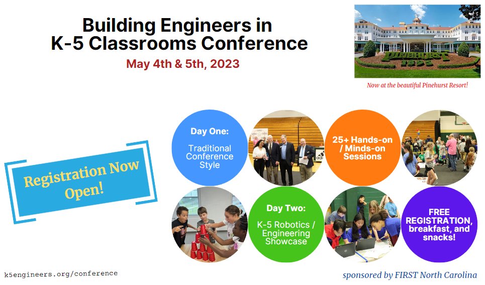 K5engineers's tweet photo. Registration is NOW OPEN for the free Building Engineers in K-5 Classrooms Conference- May 4th and 5th!  Anyone interested in high-quality STEM for elementary classrooms, you won't wanna miss this!  https://t.co/5ZoAmUuU65 #k5engineers #NCSTEM #nced https://t.co/To9D6sJuOY