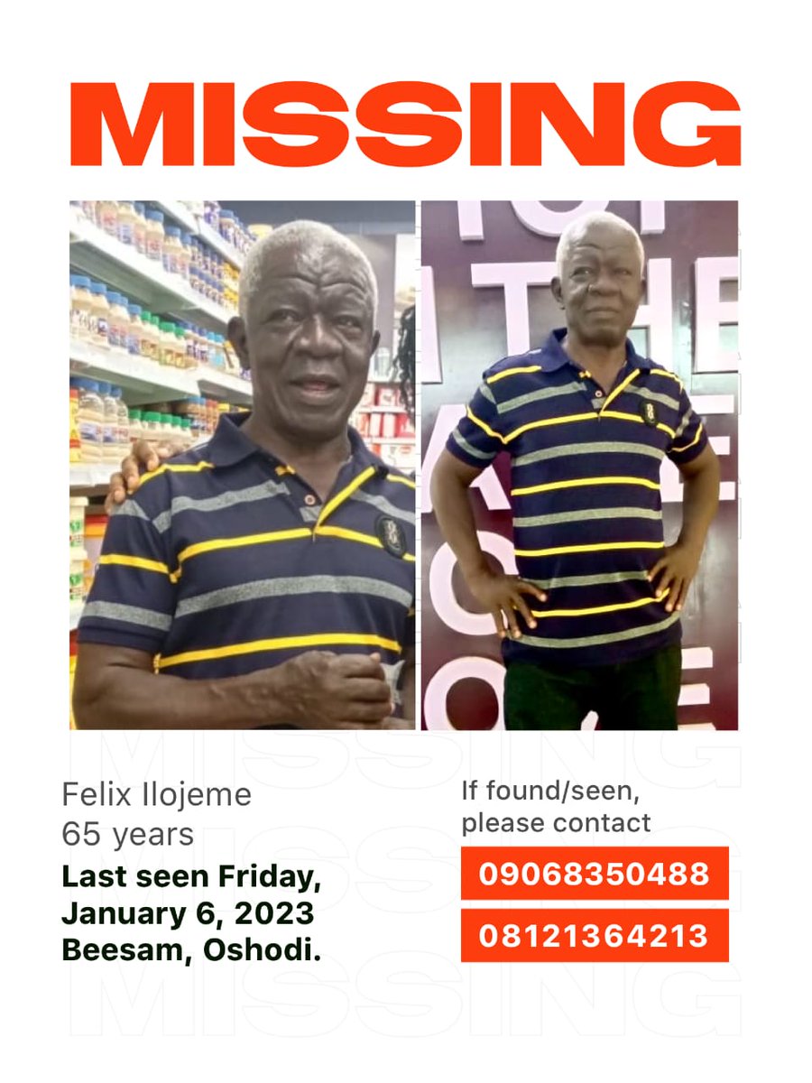 CynthiaIlojeme's tweet image. My dad left home on Friday and we haven't seen him since then. He left home without any means of communication. He was wearing a similar outfit to the one in the picture below.

Please share and retweet and join us in prayers, thanks