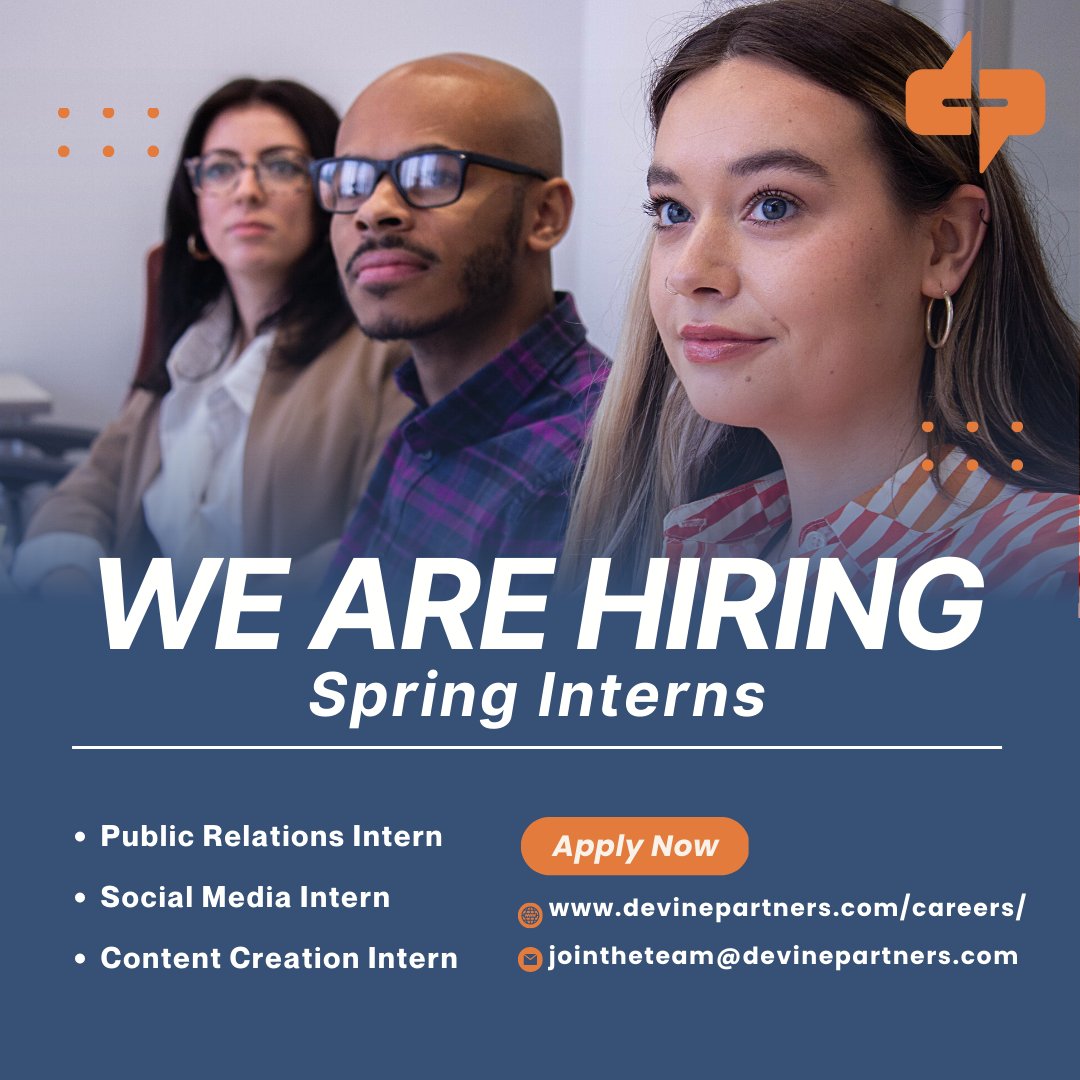 We're looking to hire the next group of interns this spring! Learn more about our #internship and apply below:

Public Relations Interns ➡️  bit.ly/3Xn8qmn
Social Media Interns ➡️ bit.ly/3Cq42ee
Content Creation Interns ➡️ bit.ly/3GhGFEx