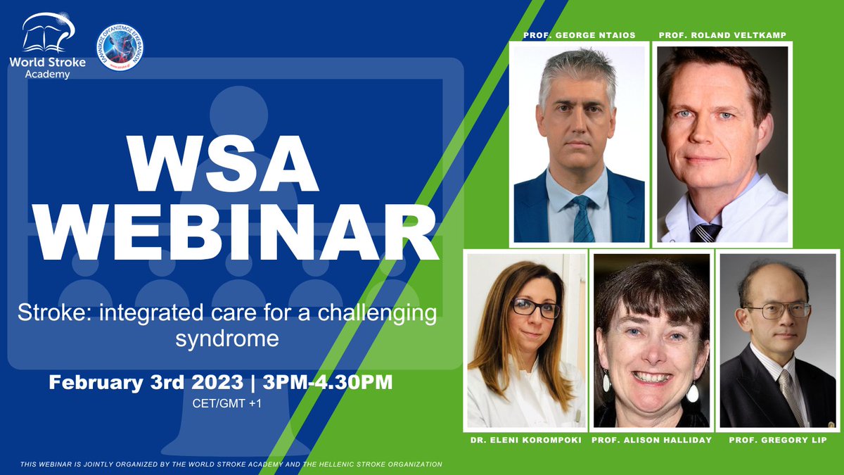 WorldStrokeEd's tweet photo. 🚨1rst 2023 Webinar alert!
WSA & @HellenicStroke
🧠#Stroke: Integrated Care
AF #ABC,#ACST2, oac #timing,etc
👨💻
@GeorgeNtaios
Prof R Velktamp @PRESTIGE_AF2020
🗣️
Prof G Lip @LiverpoolCCS
@EKorompoki
Prof A Halliday @UniofOxford
🗓️February 3rd, 3PM CET
🔗https://t.co/u7ZpSQGxa0 https://t.co/XC5ewGi6V3