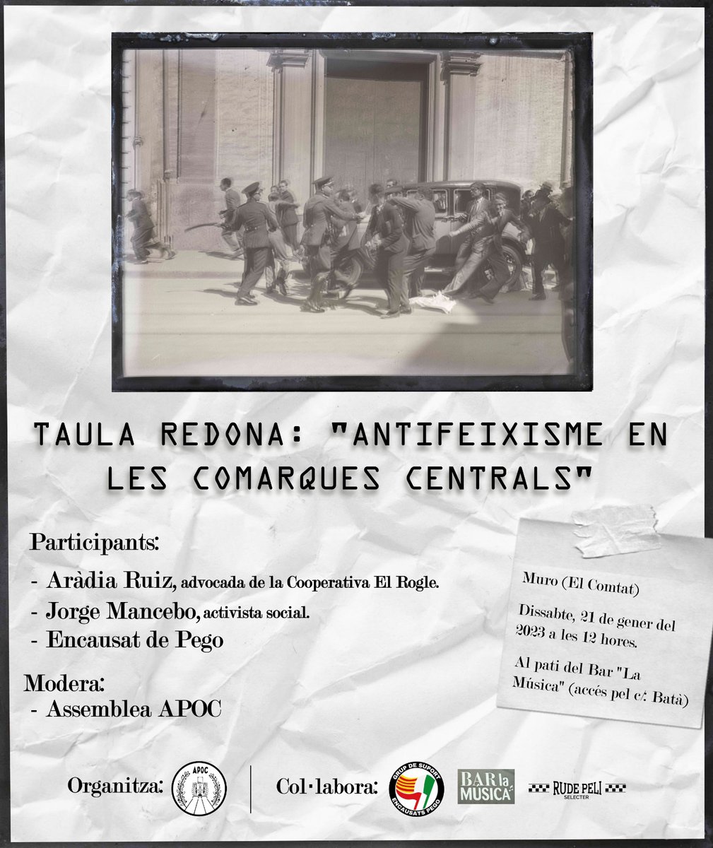 assemblea_APOC's tweet photo. TAULA REDONA ANTIFEIXISME EN LES COMARQUES CENTRALS

🗓️21/01
📍Muro, el Comtat (Bar la Música)

Vos convidem a la pròxima activitat que hem organitzat des d'APOC el proper dissabte dia 21 de gener a les 12 del migdia a MURO per parlar d'ANTIFEIXISME a les Comarques Centrals. https://t.co/Fb27djz4i2