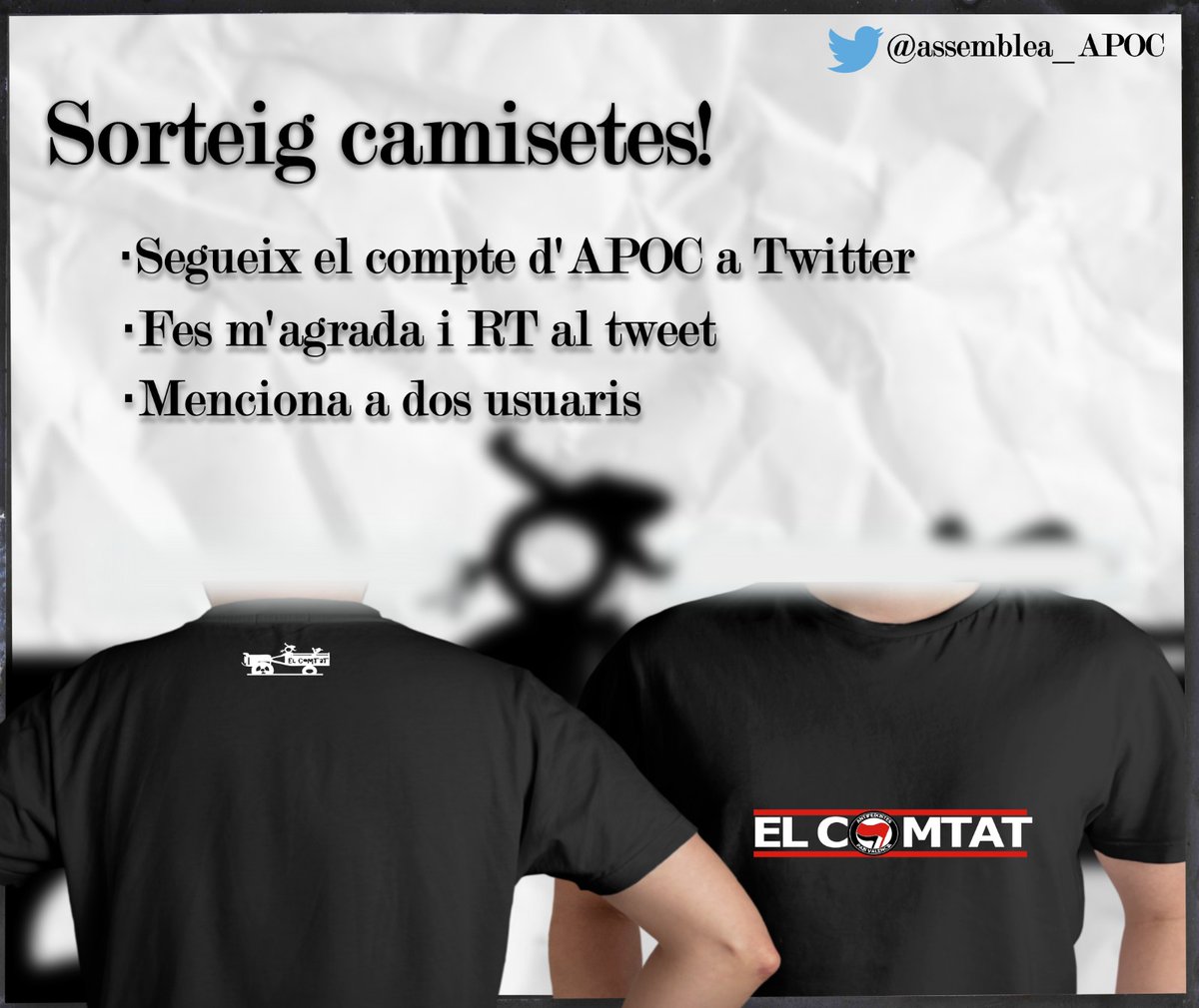 assemblea_APOC's tweet photo. Hem pensat fer dos SORTEJOS de la nova samarreta, a Twitter i a Instagram. Per aconseguir-la:

- Fes m'agrada i RT a aquesta publicació 
- Menciona dos comptes als comentaris
- Seguiu-nos al nostres compte de Twitter 

🤗 https://t.co/wJabyuljJP