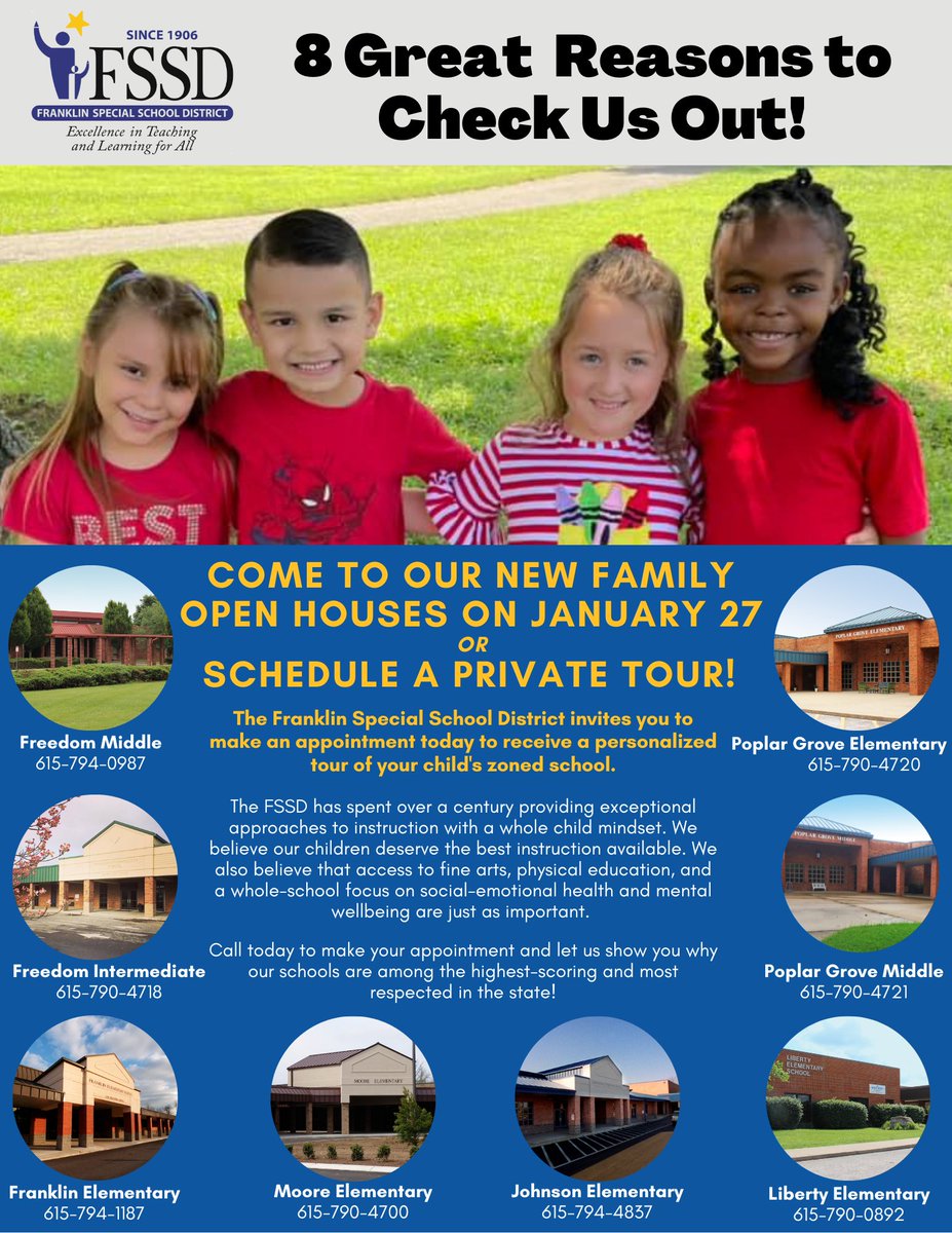 franklinspecial's tweet photo. If you are new to the area, thinking of moving, considering a school change, or just want to see for yourself the amazing programs your FSSD public schools offer, come by any of our schools for a special Open House throughout the day on Jan. 27! We can’t wait to show you around! https://t.co/Tl5HVbwftE