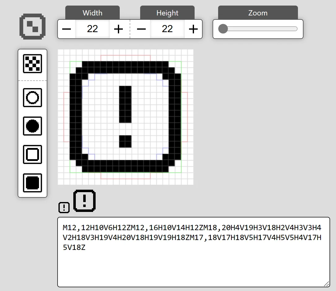 Pixel editor screen with options for the size, zoom, and basic icon templates like box and circle.