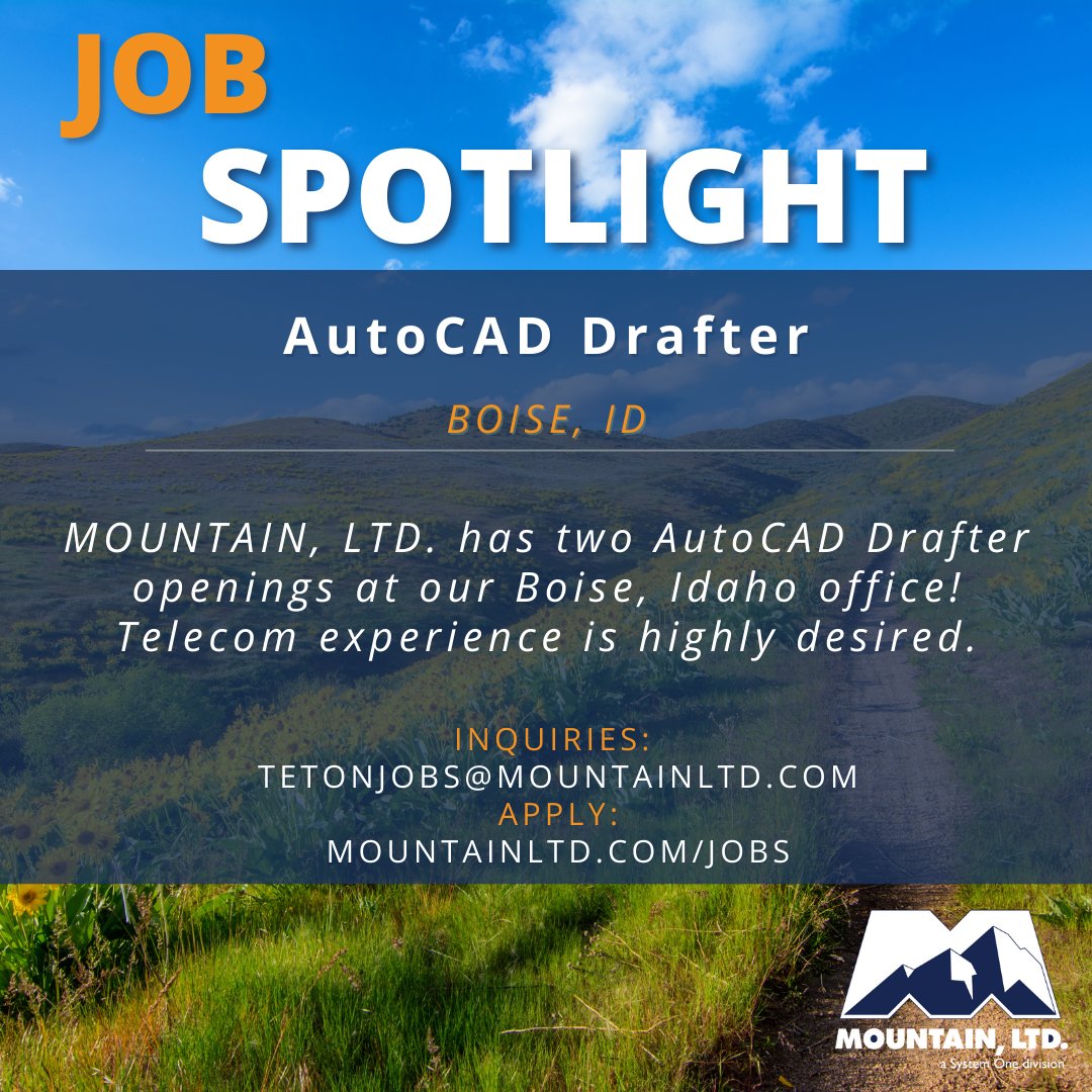 MOUNTAINLTD's tweet image. Are you an AutoCAD Drafter? 💻 ✏

⛰ MOUNTAIN, LTD. has opportunities available at our Boise, Idaho office. 

Check out our opportunities at: mountainltd.com/jobs

#AutoCAD #CAD #Drafter #NowHiring #Idaho #MOUNTAINLTD #SystemOne
