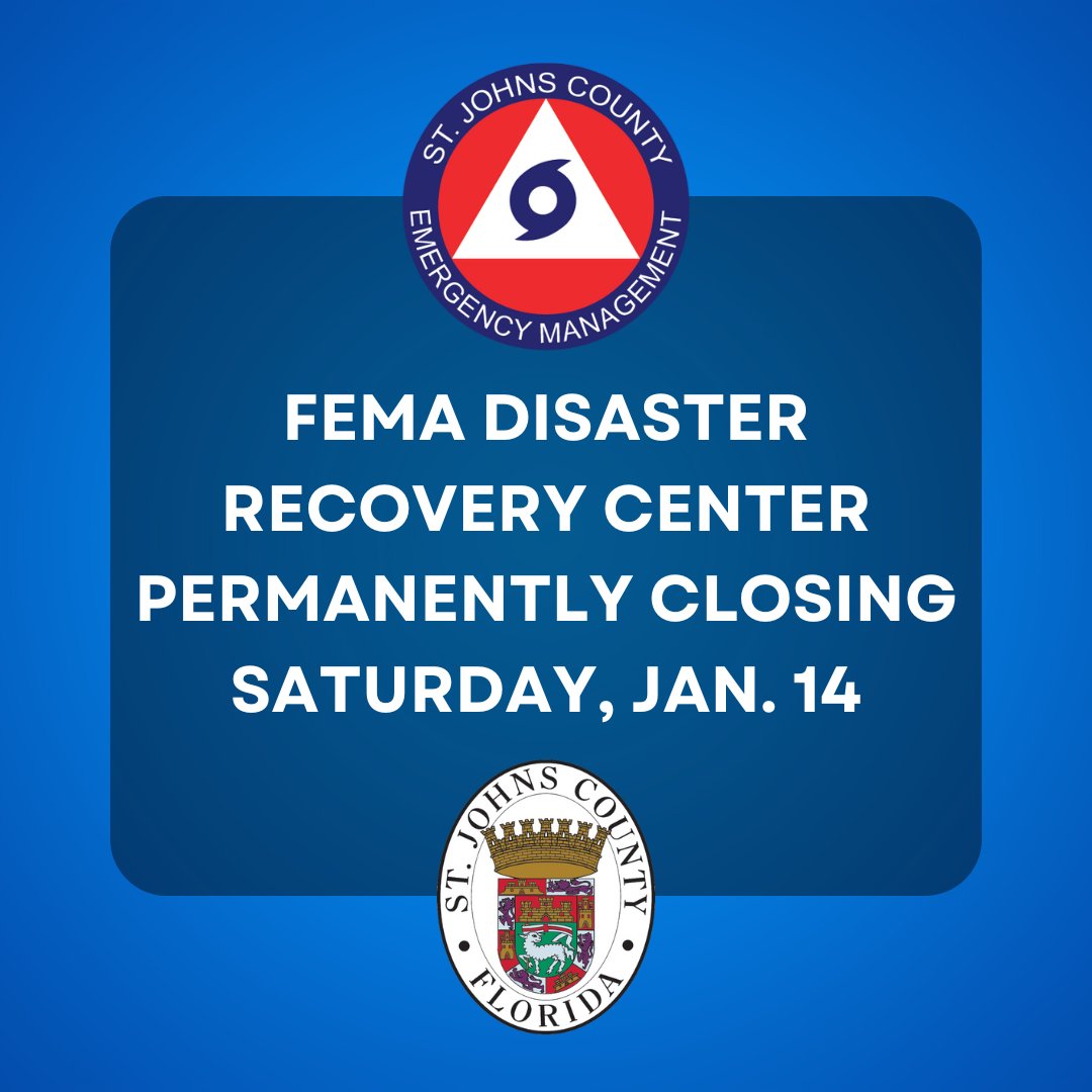 UPDATE: The @fema Disaster Recovery Center at the Wind Mitigation Building will close on Jan. 14, 2023, at 5 p.m. Individuals needing hurricane relief assistance after this date can still register online. Visit sjcfl.us for more info. #HurricaneNicole #MySJCFL