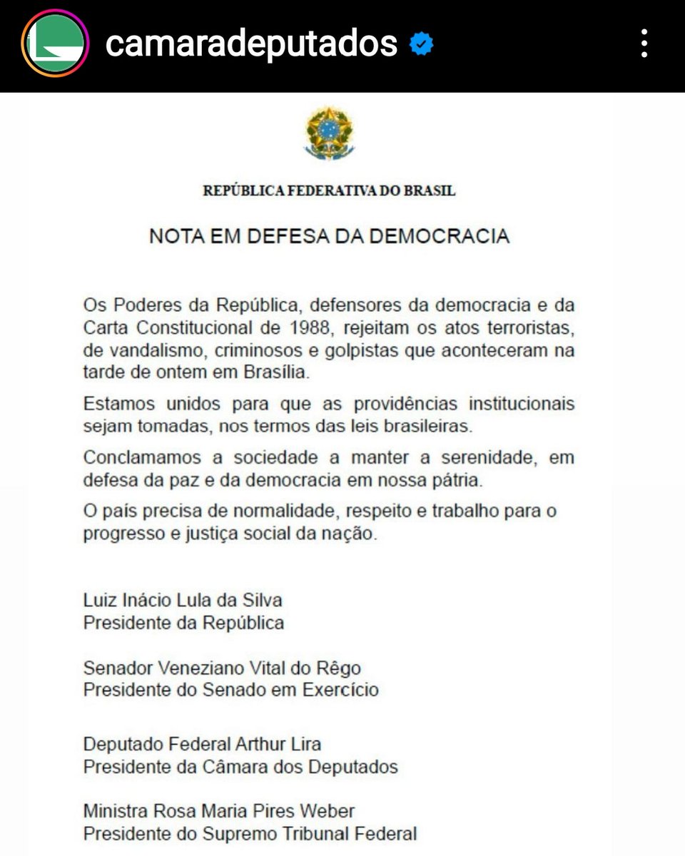 Manifestação dos Presidentes dos 3 Poderes do Brasil em relação aos atos terroristas práticas em Brasília/DF no dia 08 de janeiro de 2023.
Democracia para sempre!