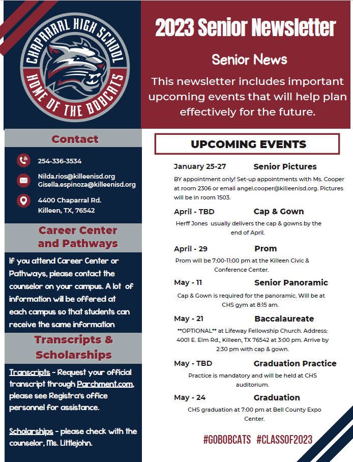 pgbrown92's tweet photo. Hey @chskisd First Graduating Class!  Check out these senior only events!  It's a great day to be a Bobcat! #wearekisd @KilleenISD_ https://t.co/YPXGPZwZ4K