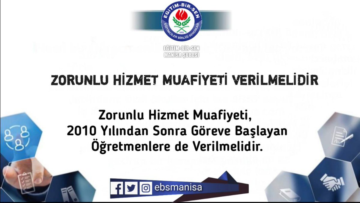 Zorunlu Hizmet Muafiyeti, 
2010 Yılından Sonra Göreve Başlayan Öğretmenlere de Verilmelidir.

<a href="/EgitimBirSen/">Eğitim-Bir-Sen</a> <a href="/_aliyalcin_/">Ali YALÇIN</a> <a href="/mesutoner45/">Mesut ÖNER</a> #manisa