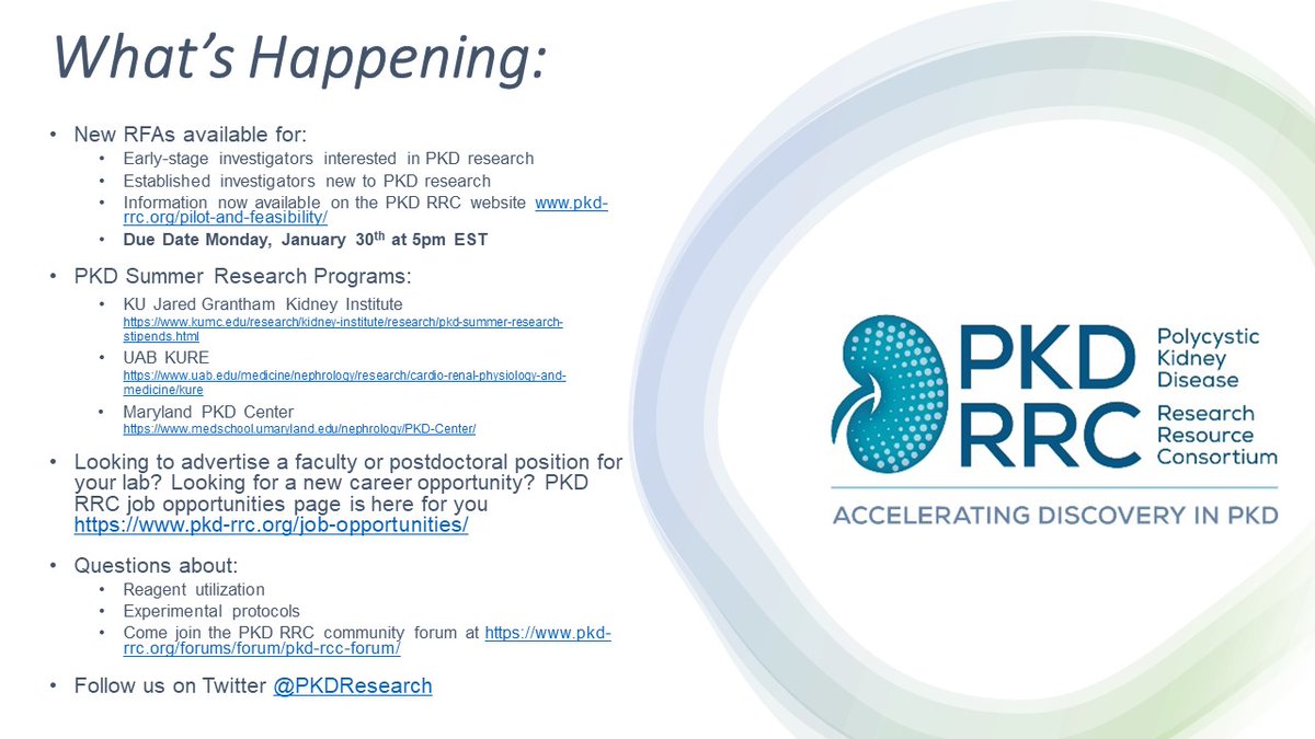 Check out What's Happening with the PKD RRC. New RFAs available now, summer research programs, job opportunities and our community discussion board pkd-rrc.org #endPKD #PolycysticKidneyDisease
