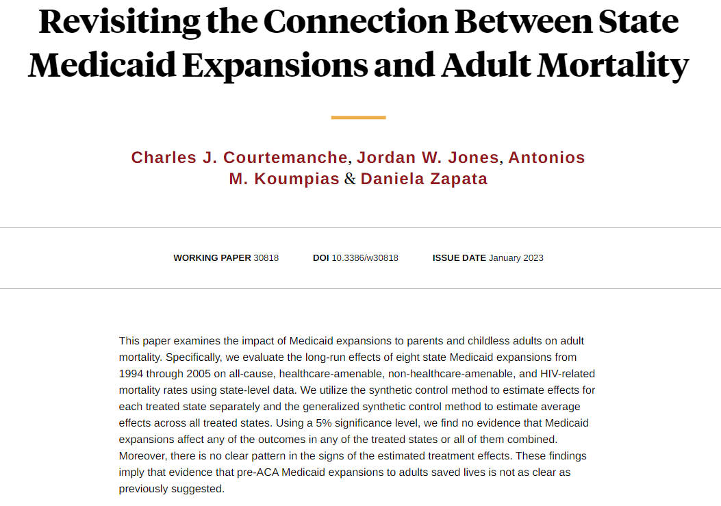 Analysis finds no evidence that state Medicaid expansions between 1994 and 2005 affected mortality outcomes in any of the treated states or all of them combined, from <a href="/Courtemanche_CJ/">Charles Courtemanche, PhD</a>, Jordan W. Jones, <a href="/KoumpiasAM/">Antonios M. Koumpias</a>, and Daniela Zapata nber.org/papers/w30818