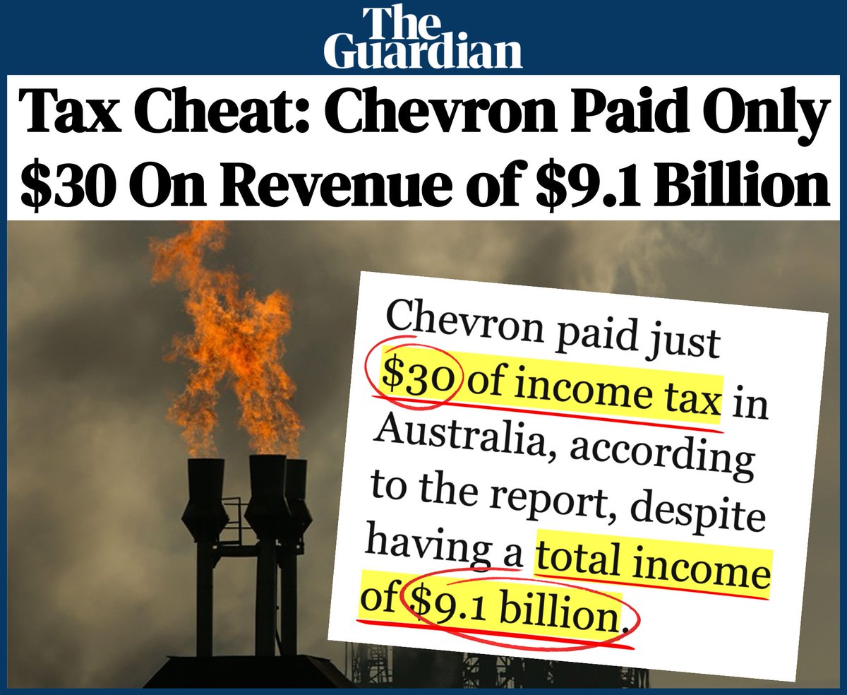 BREAKING: @Chevron is a global tax cheat as well as a global polluter. While the company refuses to clean its toxic waste in the Amazon, it paid only $30 in taxes on $9.1 billion in revenue in Australia. Chevron might be the planet's top scam artist. theguardian.com/australia-news…