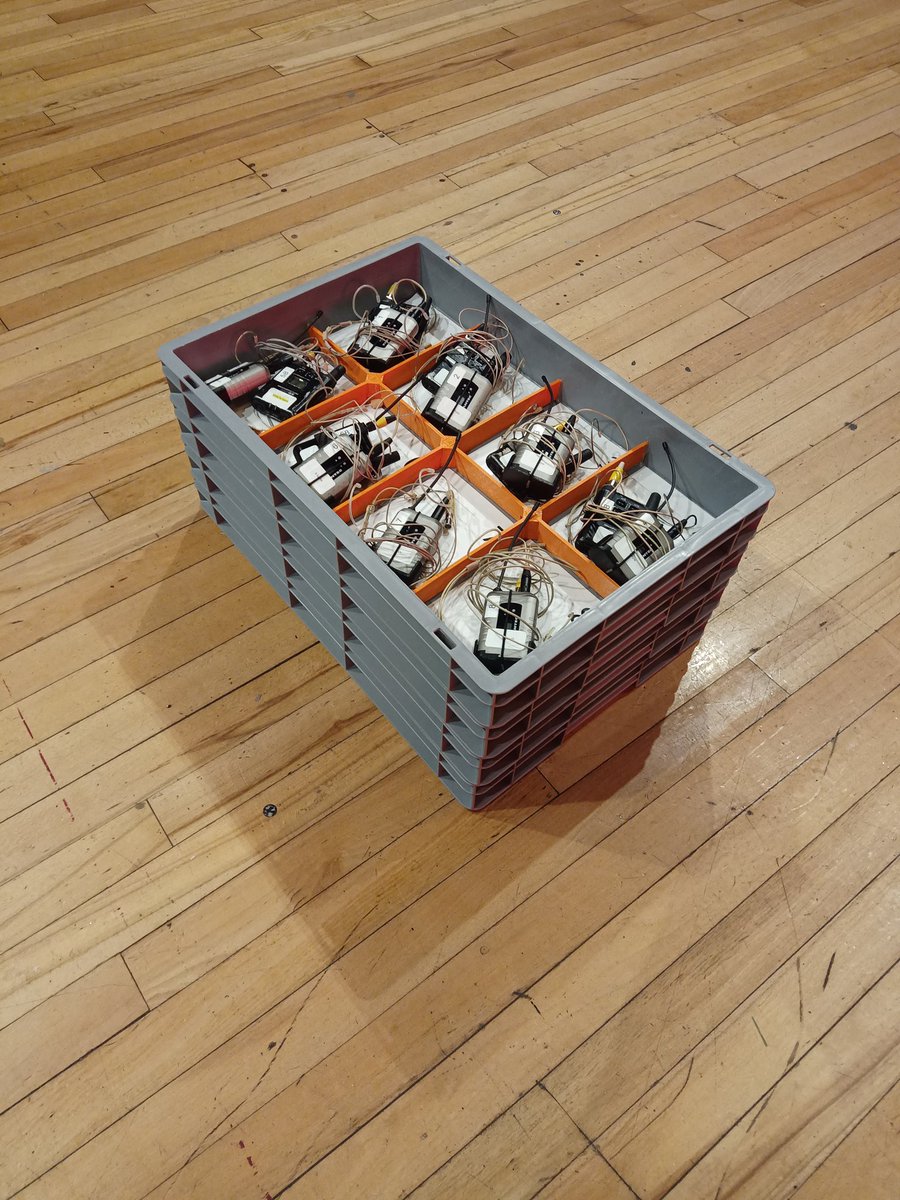 chris_eddison's tweet photo. It's the little things. Radio mic storage for up to 32 transmitters. Stacks for easy transport. Lays out to form a mic collection station. Trays bought, orange bits 3d printed. https://t.co/467pKQjXwA