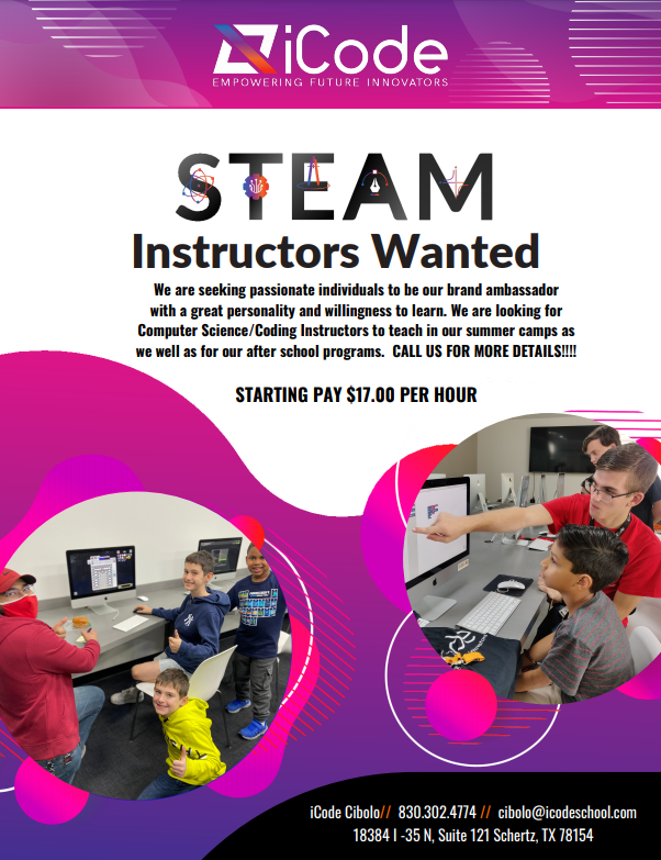 SCUCISD CTE (@scucisd_cte) on Twitter photo iCode is looking to hire students. Check out these amazing opportunities. <a href="/SamuelClemensHS/">Clemens High School</a> <a href="/Steele78108/">Steele High School</a> <a href="/AllisonElc/">Allison L Steele ELC</a> iCode is looking to hire students. Check out these amazing opportunities. <a href="/SamuelClemensHS/">Clemens High School</a> <a href="/Steele78108/">Steele High School</a> <a href="/AllisonElc/">Allison L Steele ELC</a>