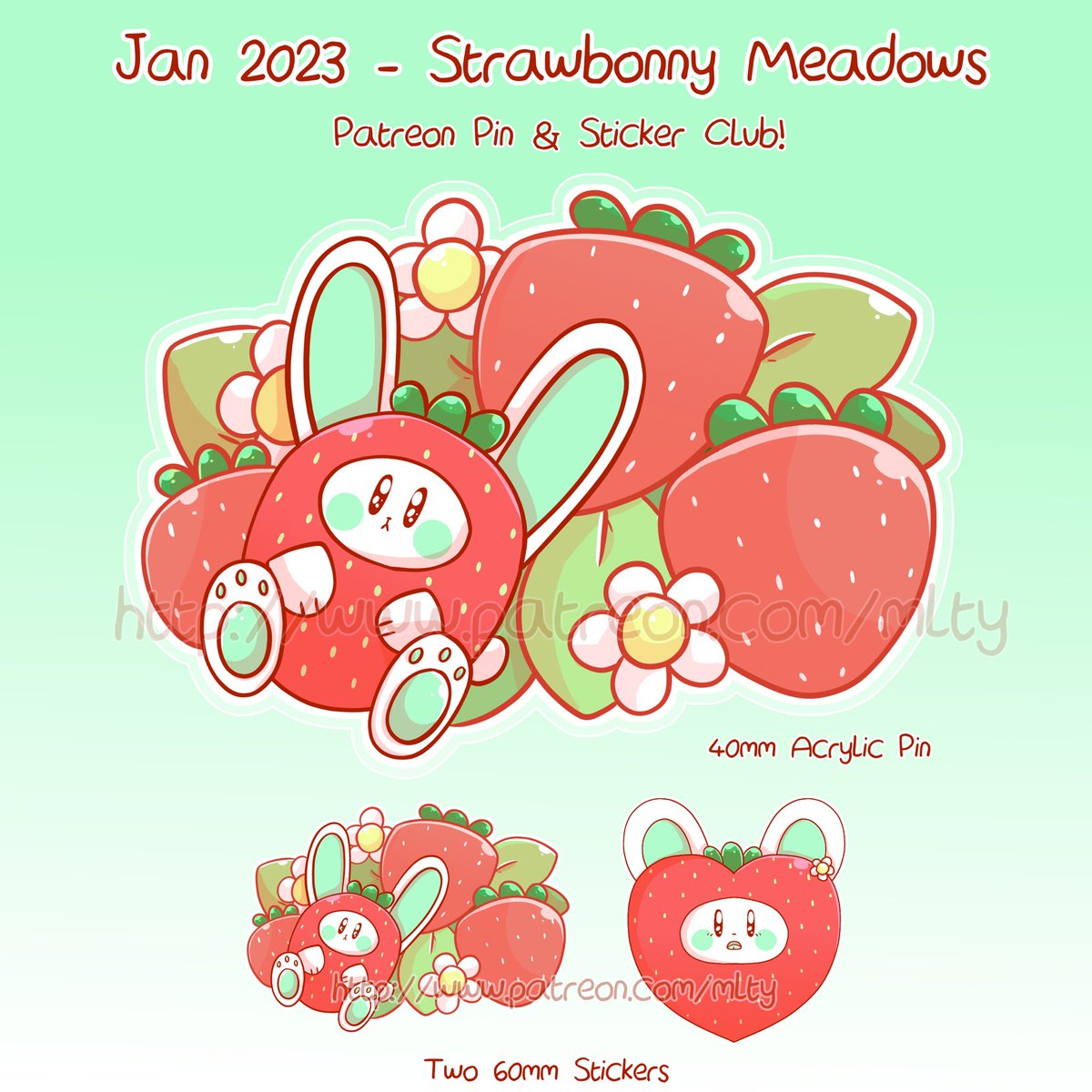 mltyuniverse's tweet photo. 🍓 🐰 Strawbonny Meadows 🐰 🍓 

If you’re interested in my newest acrylic pin and stickers, these are exclusive to my Patreon club!! I hope you all like them 🥰 https://t.co/OQ2JfquVYp
