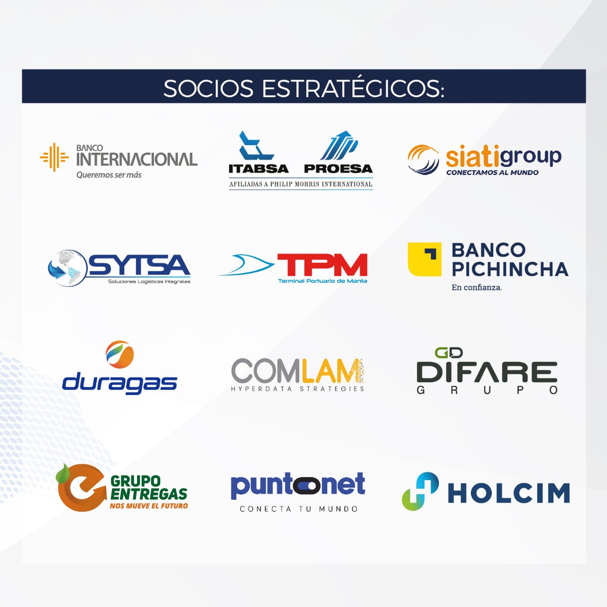 CeEcuatoriano's tweet photo. Agradecemos a todos nuestros Socios Estratégicos:
#Itabsa-Proesa #Sytsa #DuraGasEc #Comlam
@BaninterEc
@BancoPichincha
@TPM_EC
@GrupoDIFARE
@PuntonetEcuador
@HolcimEcuador
@siatigroup
#GrupoEntregas
Por el compromiso con el país para la realización de la #1eraConvenciónCEE https://t.co/BH03qRHoT3