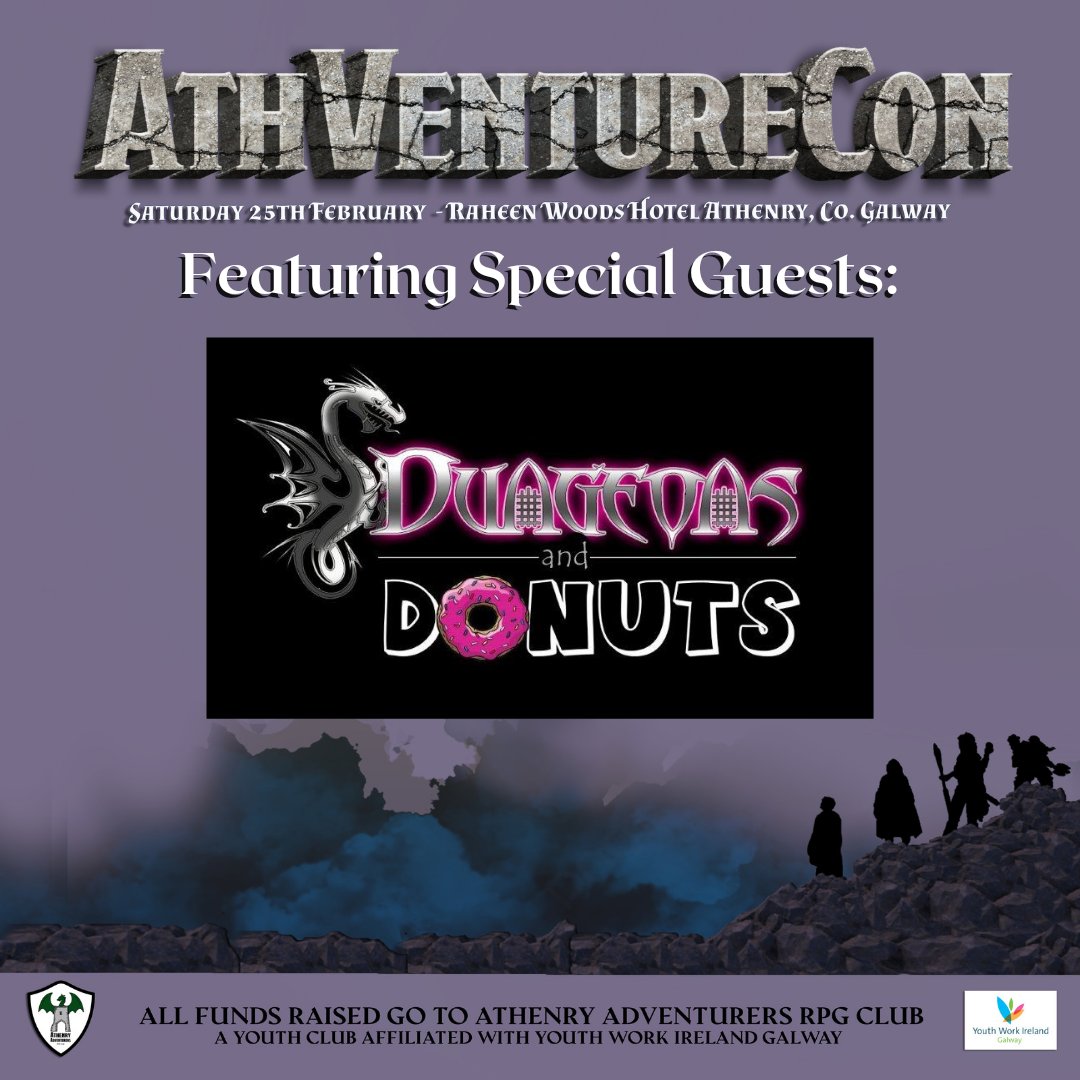 AthVentureCon's tweet photo. *First special guest announcement!* 

Who's coming? Our friends from the very beginning @Dungeons_Donuts of course! 

Even if you aren't from Galway, you're sure to know about them. If not, you should! 

They'll be bringing along board games and donuts galore!! https://t.co/Gm7YOd1rgR
