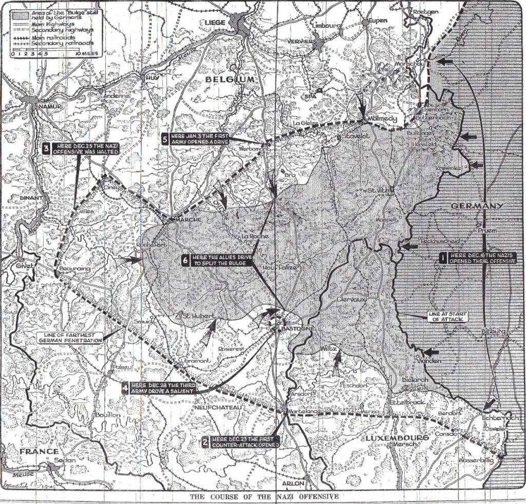 worldwar2study's tweet image. In the Ardennes, the "Battle of the Bulge" has decisively turned, with fragile German advances now facing Allied assault from every side- map shows shrinking Axis gains along French-German border:  #WW2