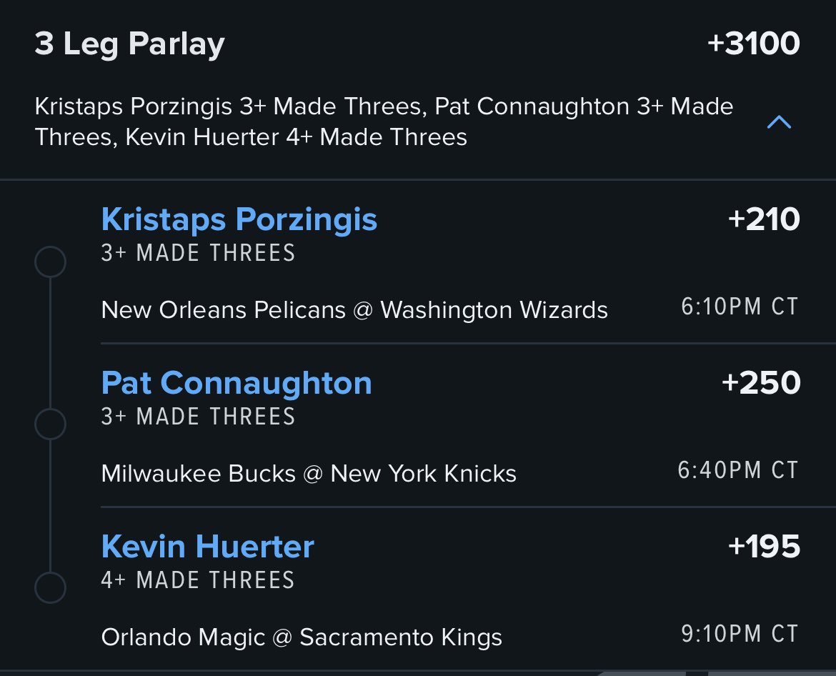 MJCLocks's tweet image. 3️⃣🏀 NBA Parlay 🏀3️⃣

🎟️ 3 Legs (+3100)

🦵- Kristaps Porzingis 3+ Threes
🦵- Pat Connaughton 3+ Threes
🦵- Kevin Huerter 4+ Threes

Sprinking the Parlay and Round Robin 🧂 

Let’s cash this one 🤞🍀 

#GamblingTwitter