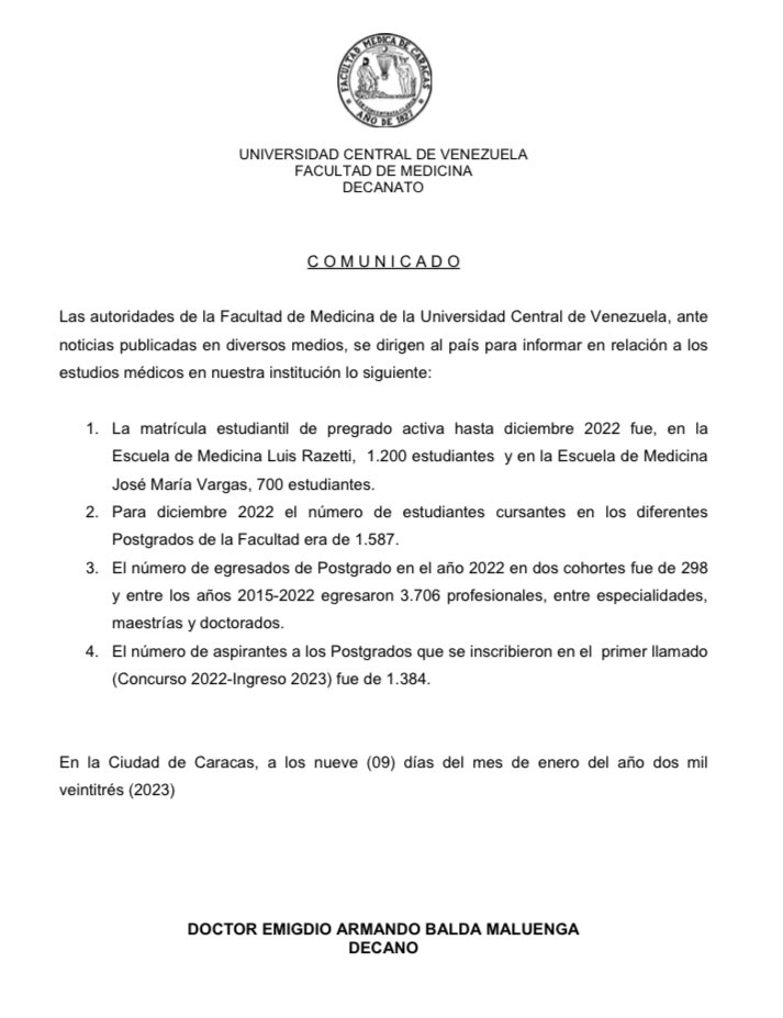 NotiMedUCV's tweet photo. Las autoridades de la Facultad de Medicina de la Universidad Central de Venezuela, ante noticias publicadas en diversos medios, se dirigen al país para informar en relación a los estudios médicos en nuestra institución lo siguiente: https://t.co/g42VXfBRDf