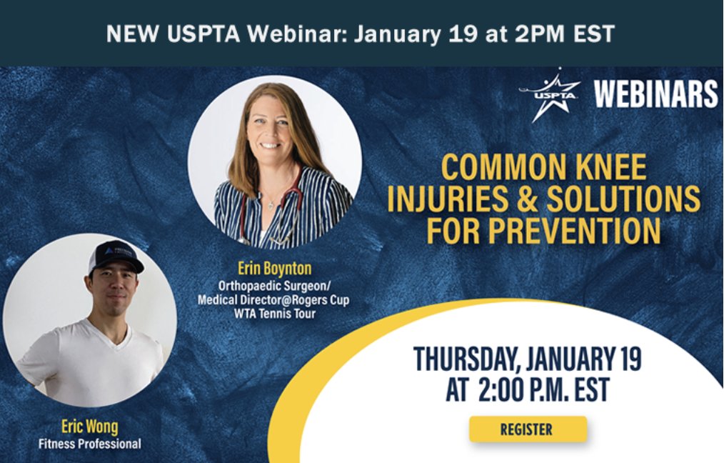 USPTA_midwest's tweet photo. Check out the USPTA Webinar coming up on January 19 at 2pm on Common Knee Injuries and Solutions 
Register here: https://t.co/leh5JU2tei
We hope you can make it! @USPTA_Tennis https://t.co/RYDYiUKCx5