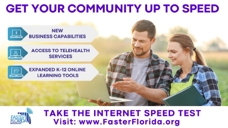 #DidYouKnow Broadband Internet is available to 98% of the state's urban areas and just 78.6% of rural areas? Help secure future investments for broadband Internet expansion in rural communities like yours by taking Florida’s Broadband Internet speed test today.