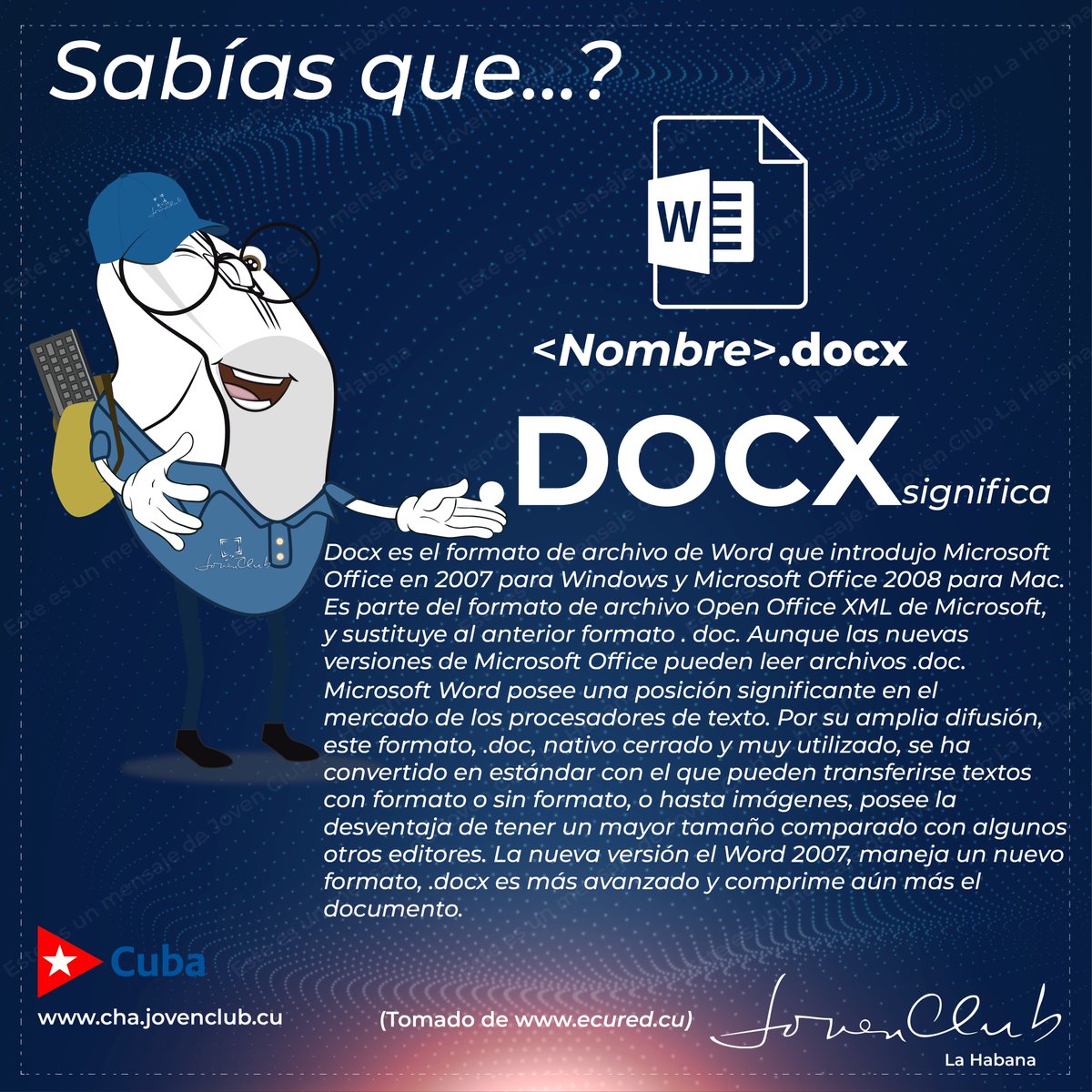 JovenClubHabana's tweet image. Hola #TuiterosActivos 
Te preguntarás: ¿qué significa #Docx. ?
 Pues  #SabiasQué…?  
La extensión docx es el formato del archivo de un documento #Word 
#JovenClubLaHabana