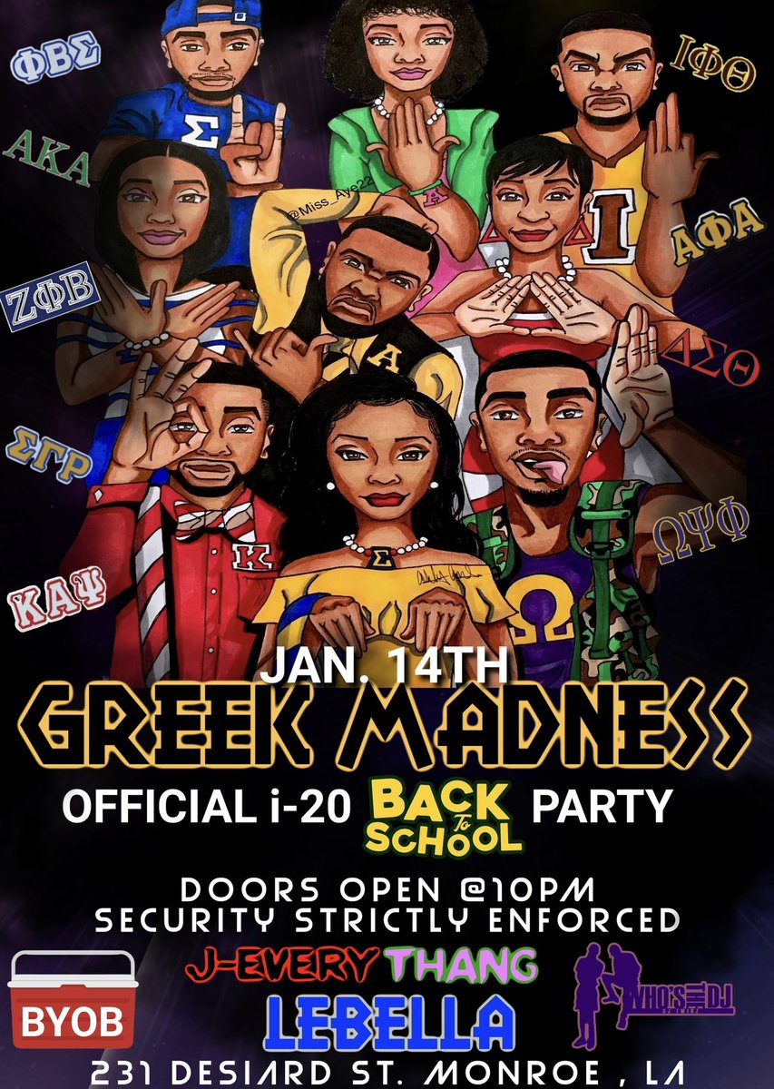 GoDJtwin2hot's tweet image. OFFICIAL BACK 2 SCHOOL PARTY #GreekEdition #J-EVERYTHANG GREEK MADNESS 🚨 #GramFam #LaTech #TeamULM