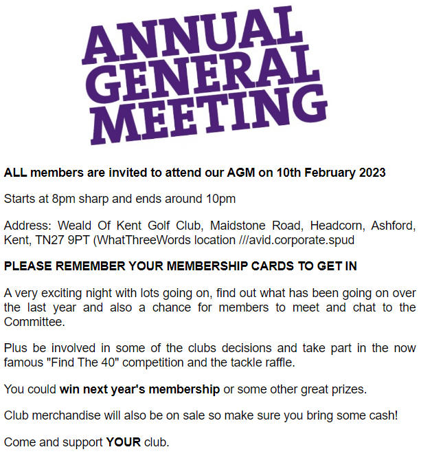 CADAC_Fishing's tweet photo. ALL Cranbrook &amp; District Angling Club members are invited to attend our AGM on 10th February 2023
Come and support YOUR club. https://t.co/Kr7Nag35ae