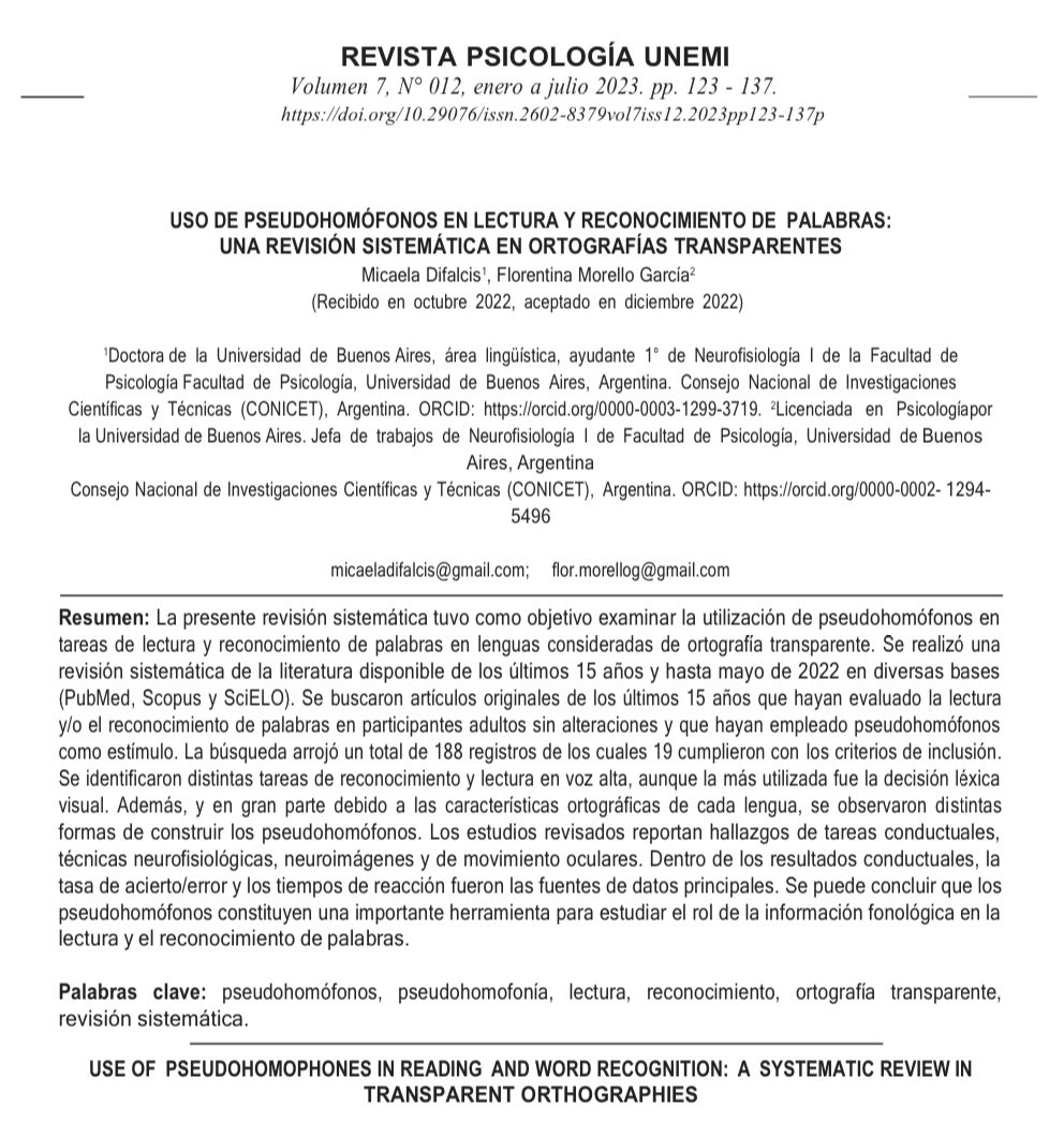 (1/2) Nuevo paper con <a href="/midifal/">Micaela</a> ✨

Revisamos el uso de los pseudohomófonos en tareas de reconocimiento y lectura de palabras en lenguas de ortografías transparentes. Reportamos hallazgos conductuales y en diversas técnicas (neurofisio, imágenes, mov. oculares) en alemán, árabe…