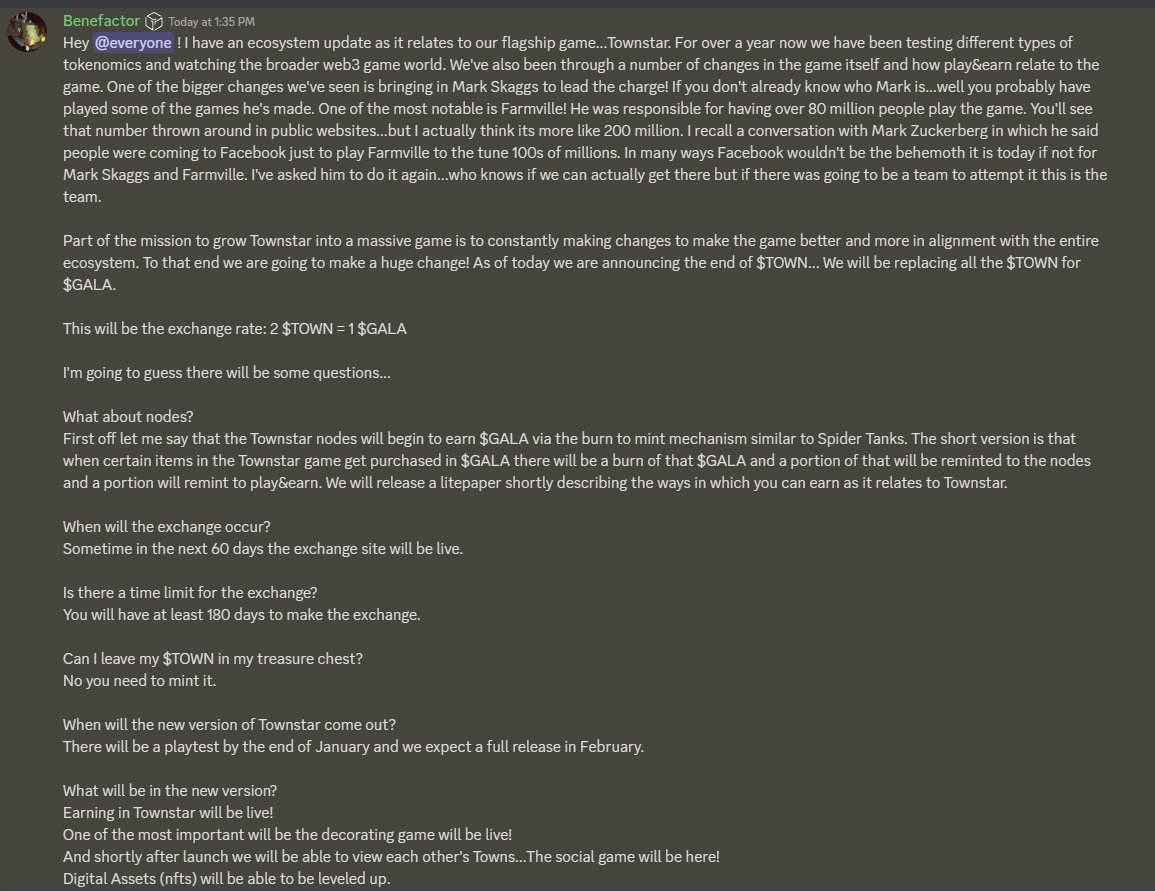 Benefactor announces that $GALA will be the token that powers <a href="/TownStarGame/">justinwrites</a> and will swap all $TOWN for $GALA at a 2:1 ratio. Check out the announcement in our Discord at galagames.chat!